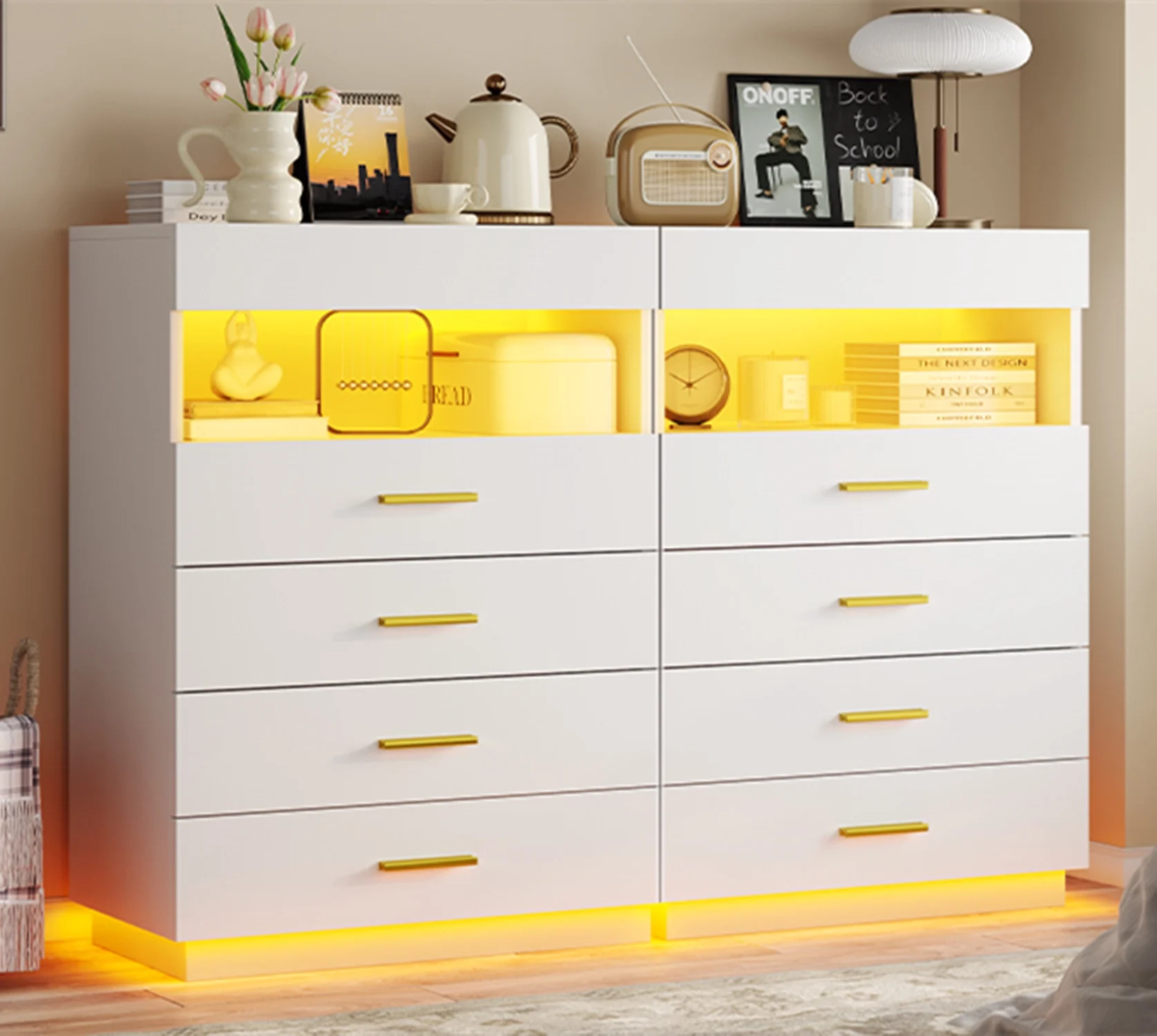 White Dresser with LED Lights, Tall Dresser with Pull Out Tray, Chest of Drawers