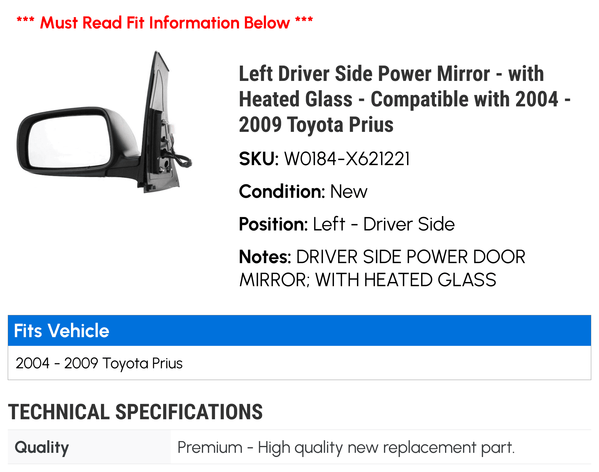 Left Driver Side Power Mirror - with Heated Glass - Compatible with 2004 - 2009 Toyota Prius 2005 2006 2007 2008