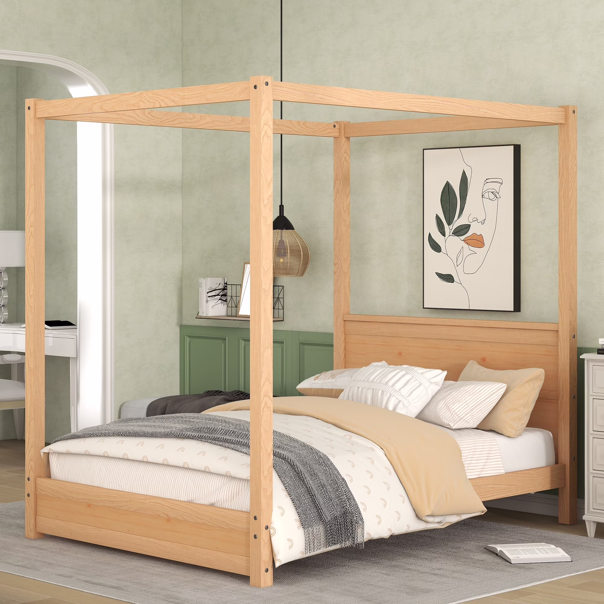 Anself Full Size Canopy Platform Bed with Headboard and Support Legs,Natural