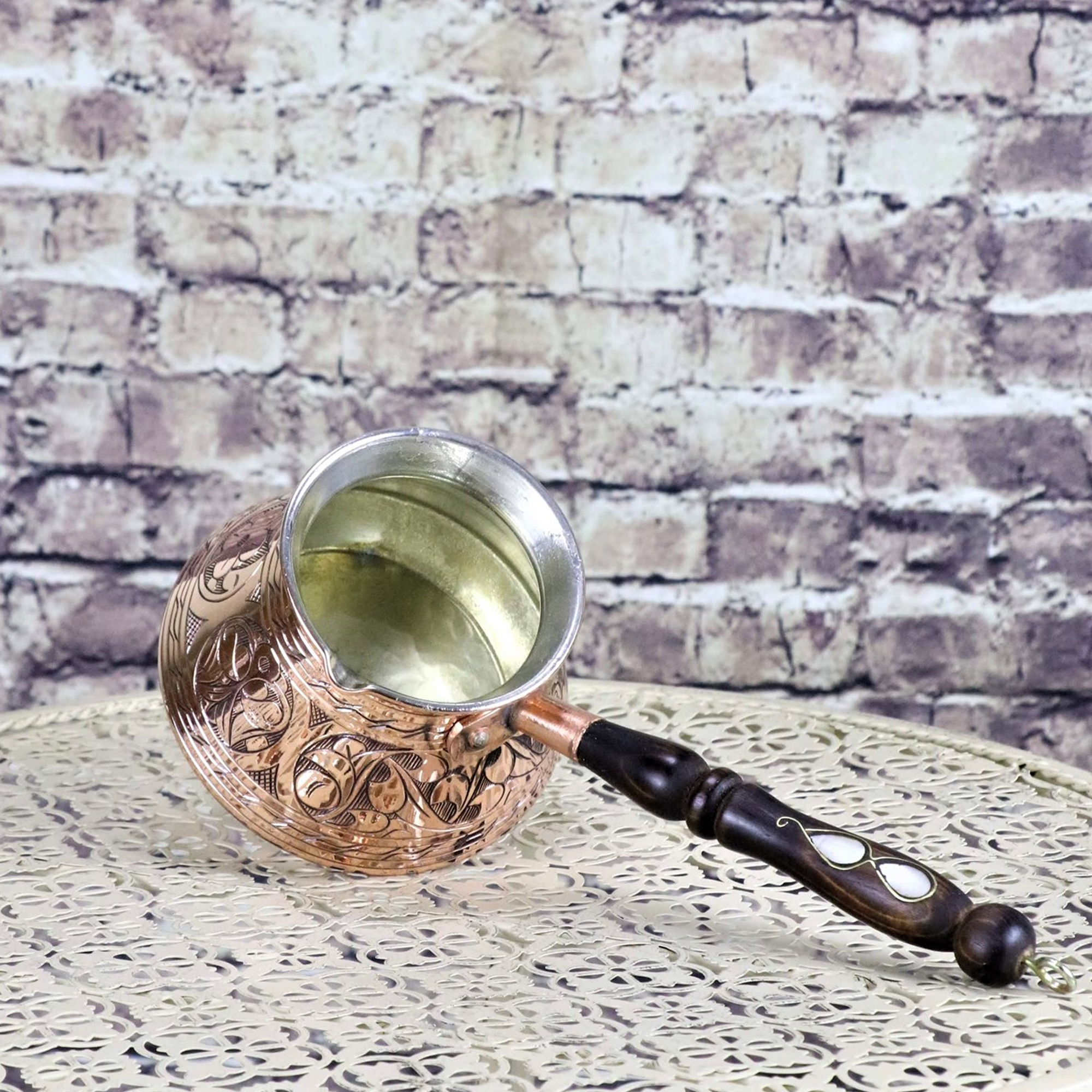 Hammered Copper Turkish Coffee Pot, Arabic Greek Stovetop Coffee Maker, Pearl Embedded Wooden Handle, 20 oz