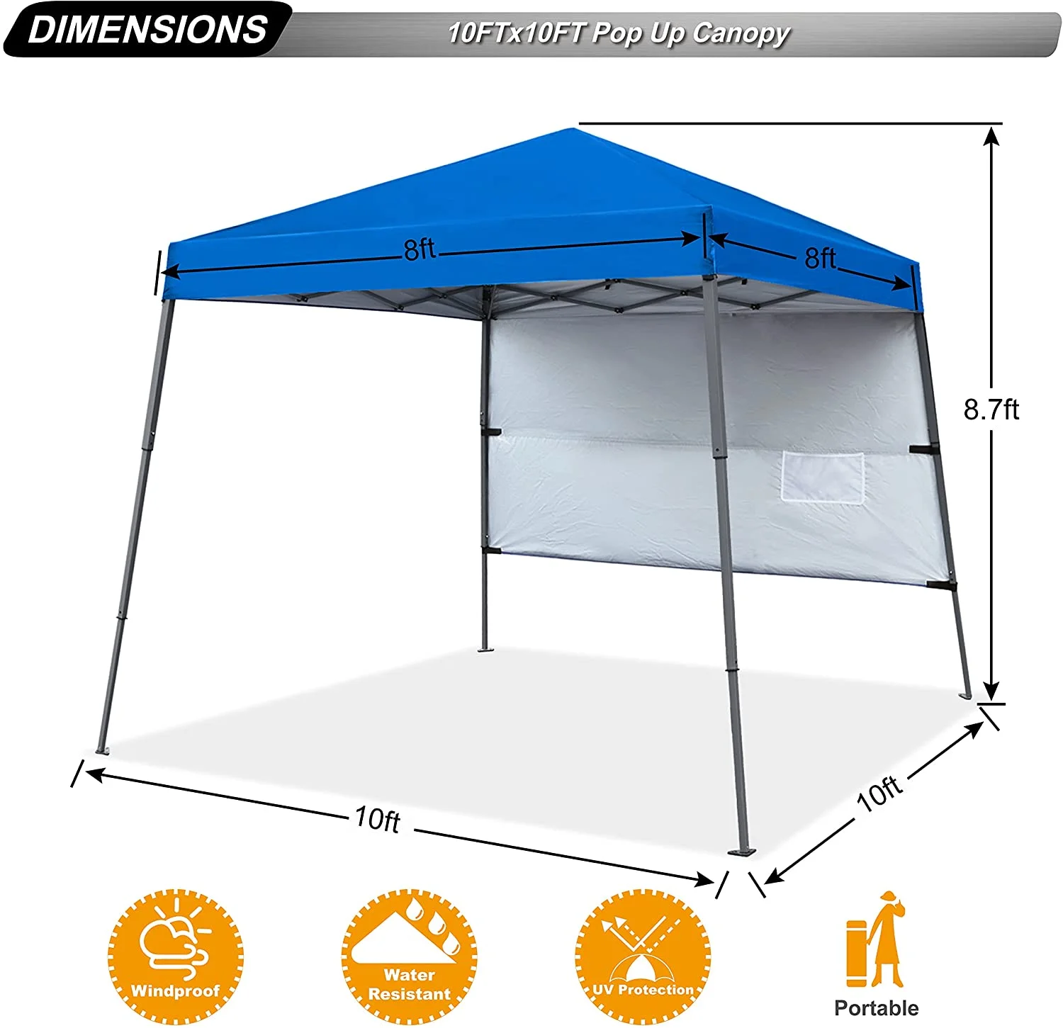 ABCCANOPY 10ft x 10ft Base / 8ft x 8ft Top Pop Up Canopy Tent with 1 Sun Wall and Backpack Bag,Blue