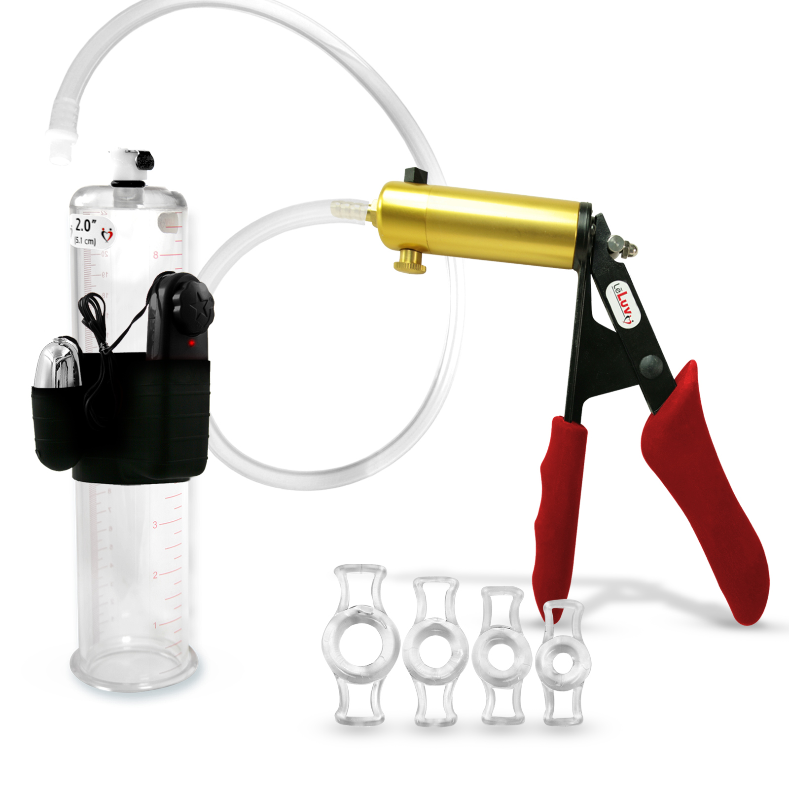 LeLuv Ultima Penis Pump w/ Red Handle, Silicone Grip, Clear Hose | 4 Cock Rings | 9