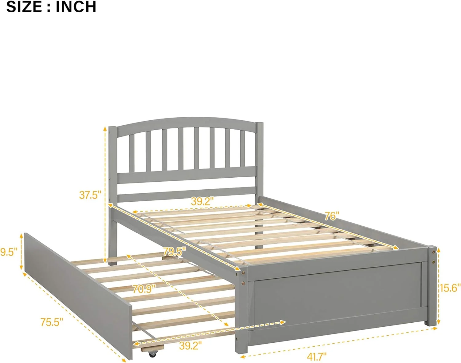 Bed With Trudle Bed, Wood Platform Bed With Headboard Ad Footboard Mattress Foudatio Strog Slat Support (, Grey)