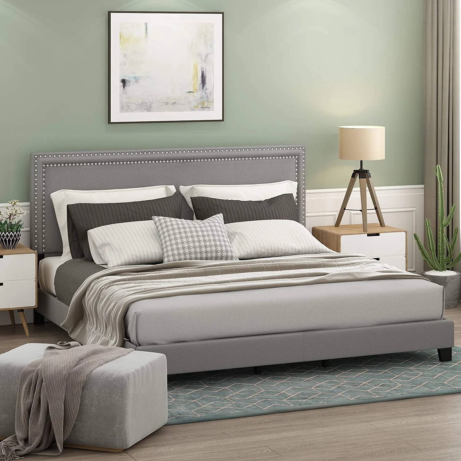 YINCHEN Laval Double Row Nail Head Upholstered Platform Bed Frame, King, Glacier