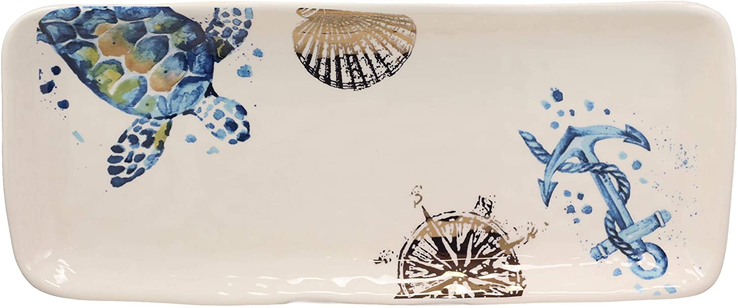Ebros Blue & White Sea Turtle Ceramic Dinnerware (Rectangular Plate 13.75