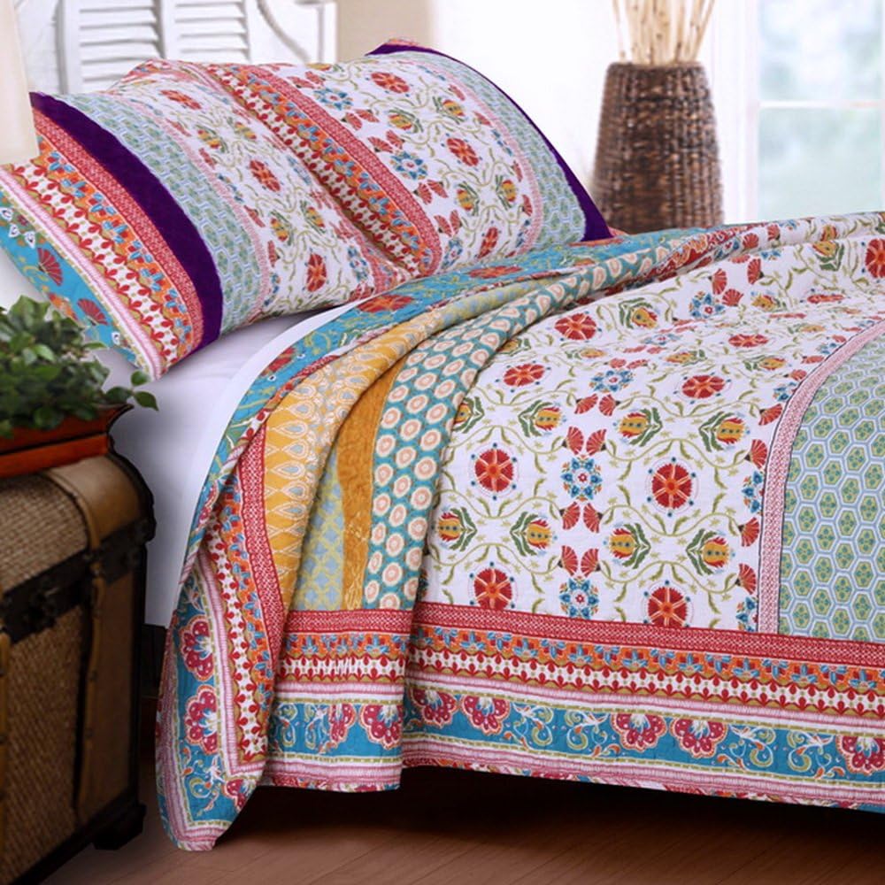 Quilt Set 100 Cotton 3 Piece With Shams King Size Reversible Bohemian Printed With Flowers Mandala Medallion Geometric Pattern Blue Red Yellow Luxury Bedding - Includes Bed Sheet Straps