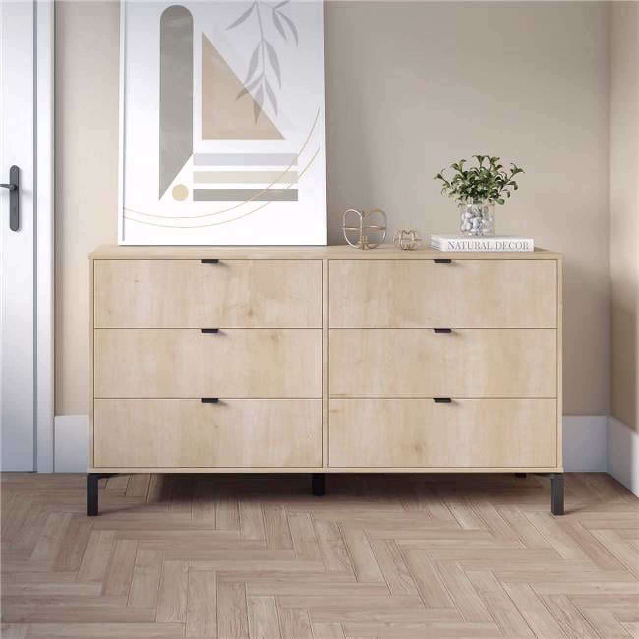 HomeRoots  32 x 59 x 16 in. Light Natural Manufactured Wood with Black Six Drawers Double Dresser