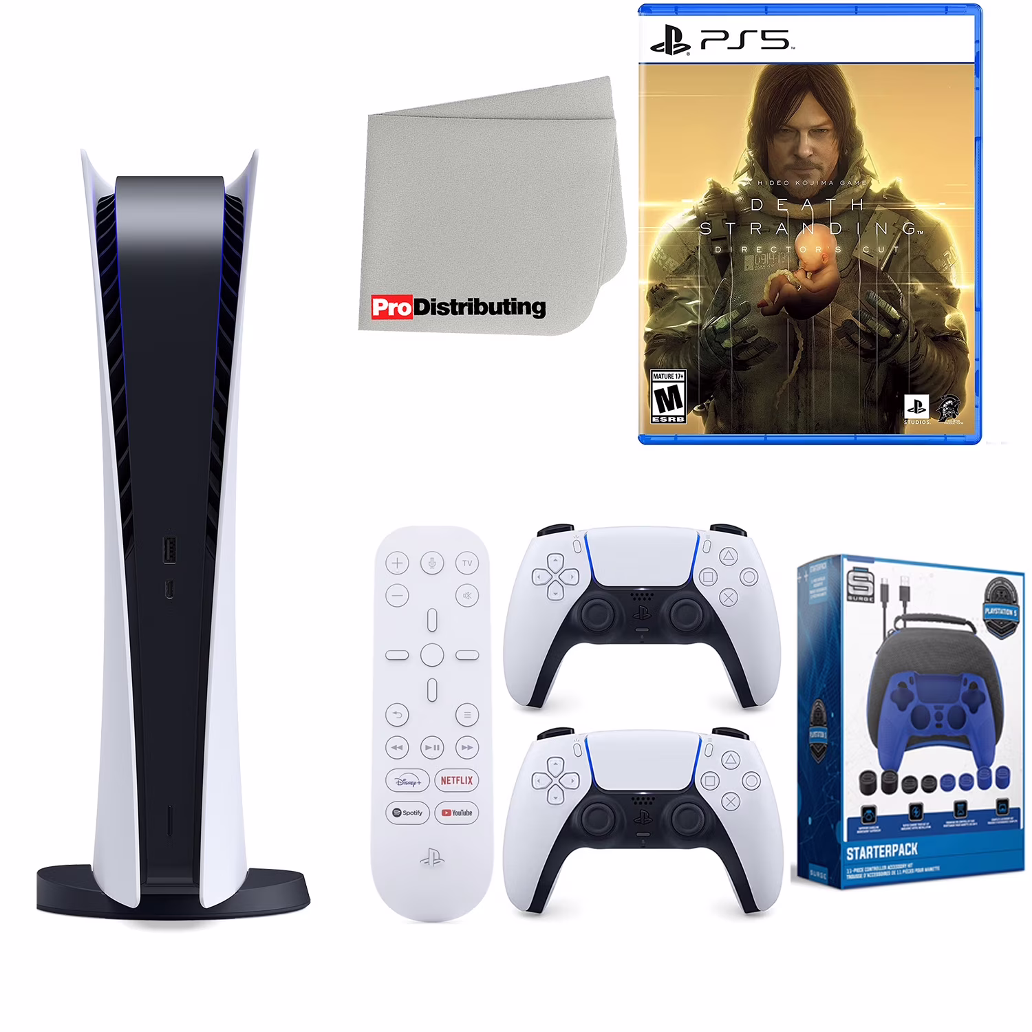 Sony Playstation 5 Digital Version (Sony PS5 Digital) with White Extra Controller, Media Remote, Death Stranding Director's Cut, Accessory Starter Kit and Microfiber Cleaning Cloth Bundle