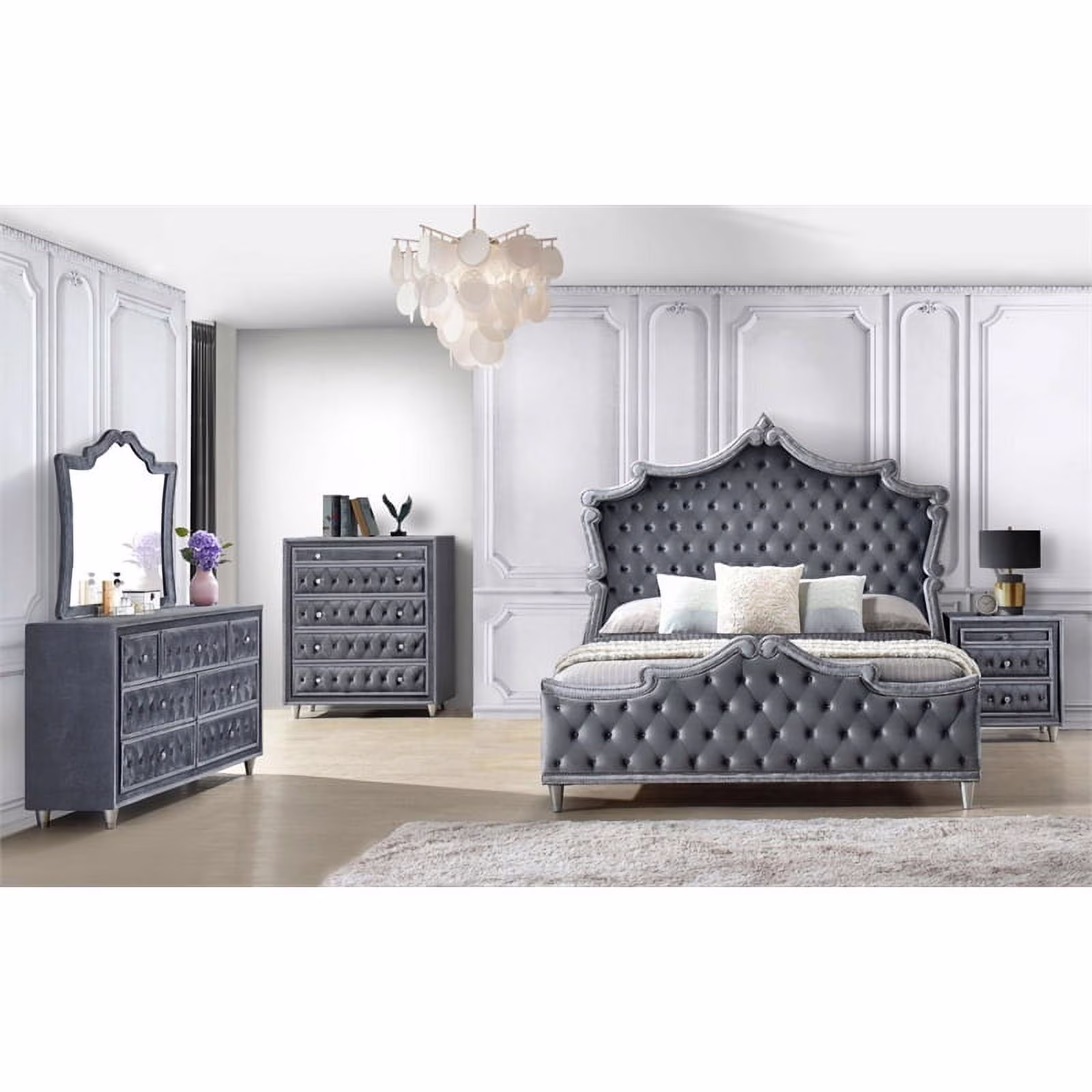 Maklaine 4-Piece Velvet Upholstered California King Bedroom Set in Gray