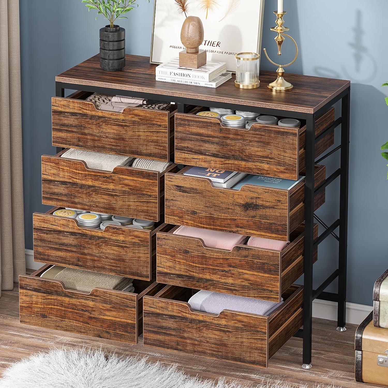 8 Drawer Dresser  Wooden Tall Chest of Drawers with Ventilation Drawers   Dresser for Bedroom  Living Room  Entryway  Rustic Brown