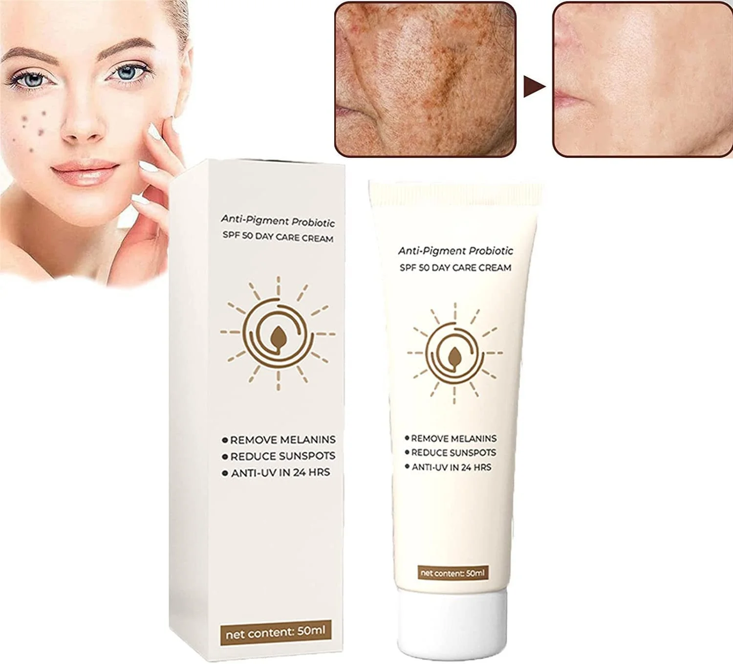 Anti-Pigment Probiotic SPF 50 Day Sunscreen, Anti-Pigment Face Day Cream, Moisturising Anti-Pigment Spot Fluid, Probiotic Sun Care Cream for Dark Spots