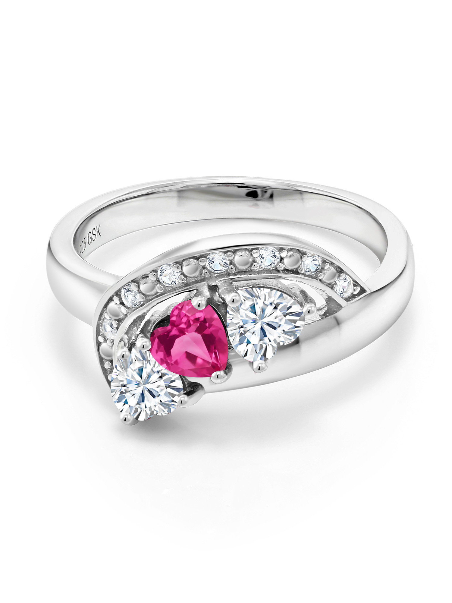 Gem Stone King 925 Sterling Silver Pink Created Sapphire and White Moissanite and White Created Sapphire Engagement Ring For Women (1.02 Cttw, Gemstone September Birthstone, Heart Shape 4MM, Size 6)