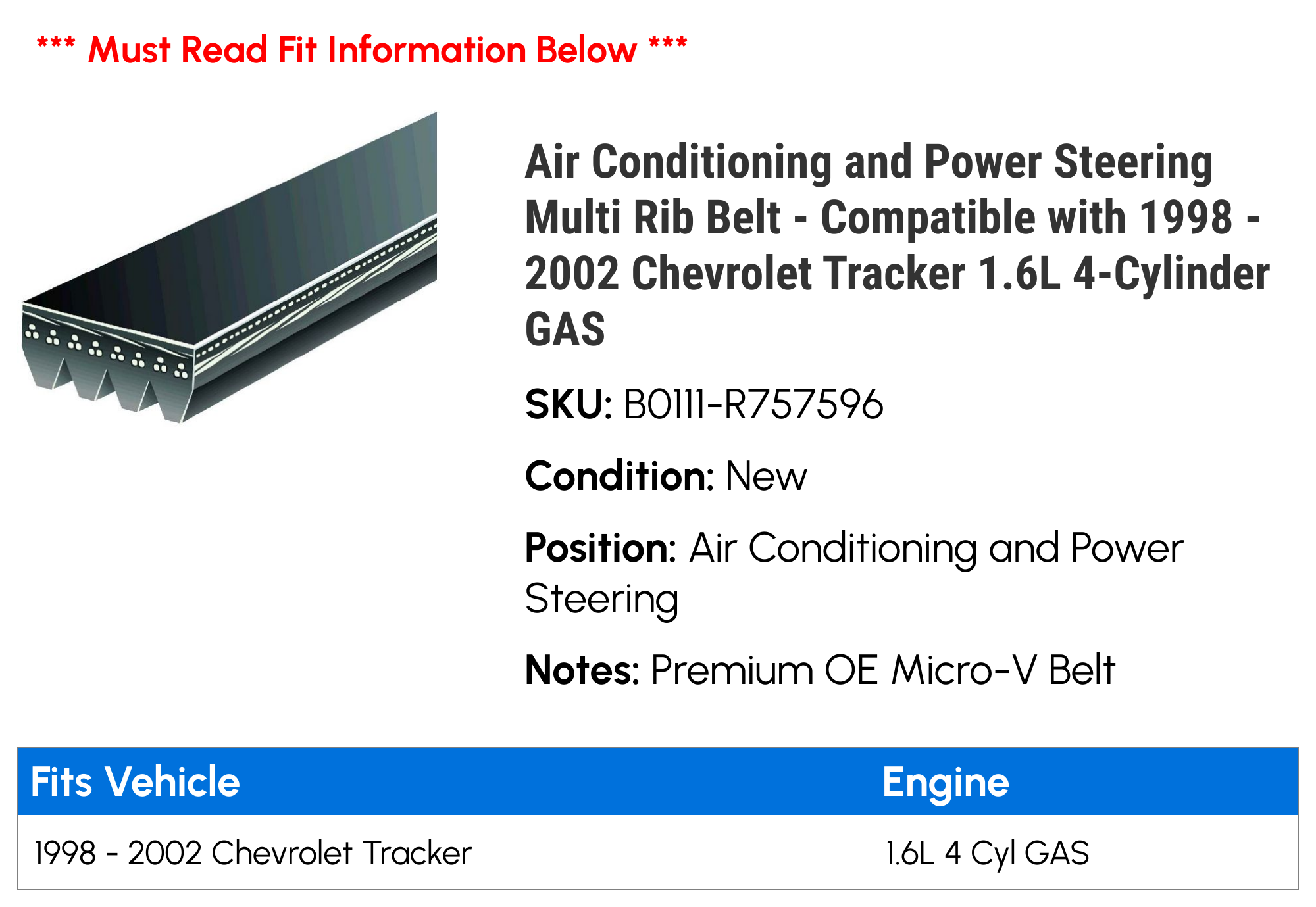 Air Conditioning and Power Steering Multi Rib Belt - Compatible with 1998 - 2002 Chevy Tracker 1.6L 4-Cylinder GAS 1999 2000 2001