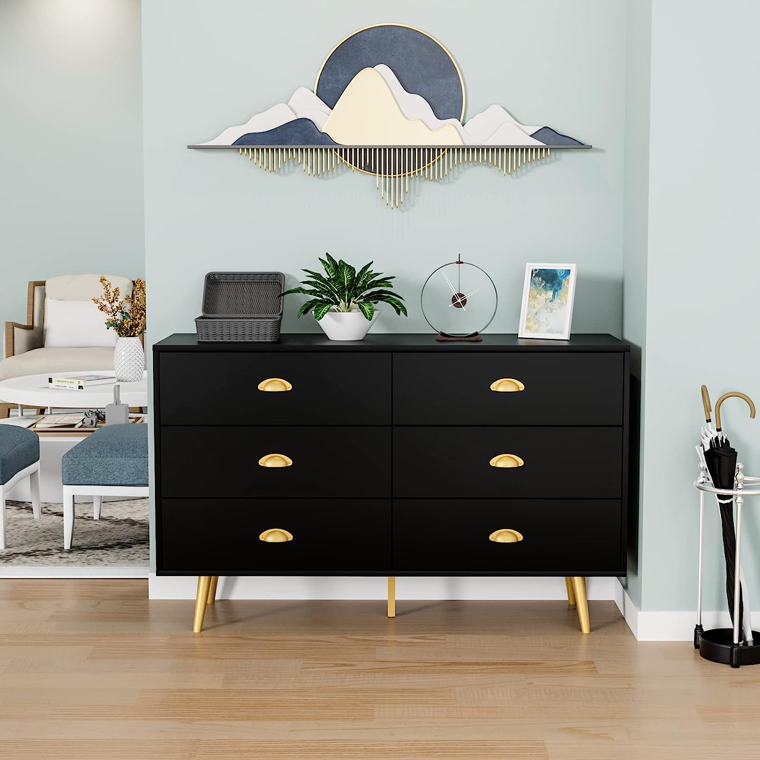 Popular Mid-Century Dresser  6 Drawer Dresser for Bedroom  Modern Walnut Dresser with Metal Handle  Wood Dresser Chest of Drawers for Living Room  Hallway