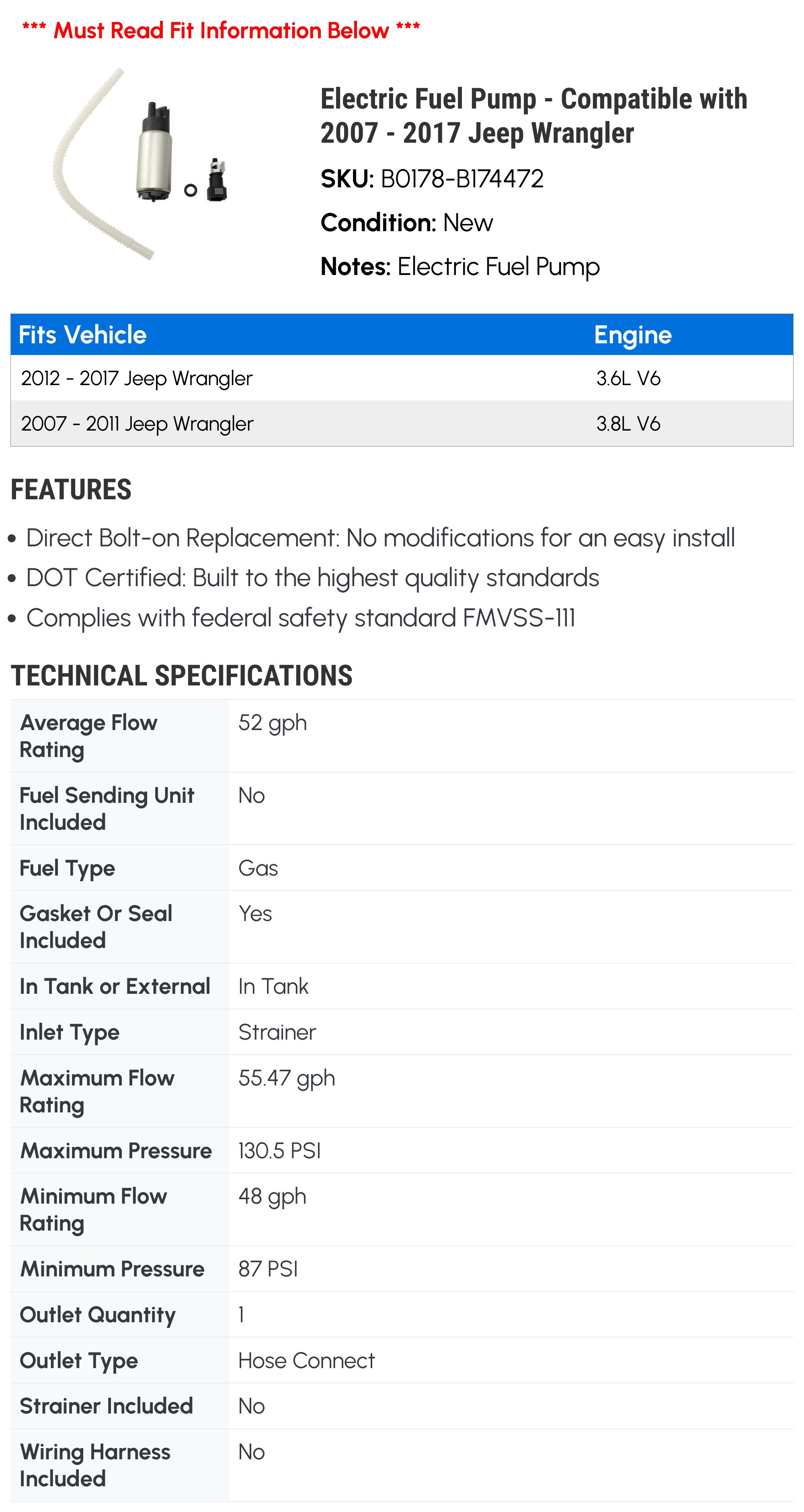Electric Fuel Pump - Compatible with 2007 - 2017 Jeep Wrangler 2008 2009 2010 2011 2012 2013 2014 2015 2016