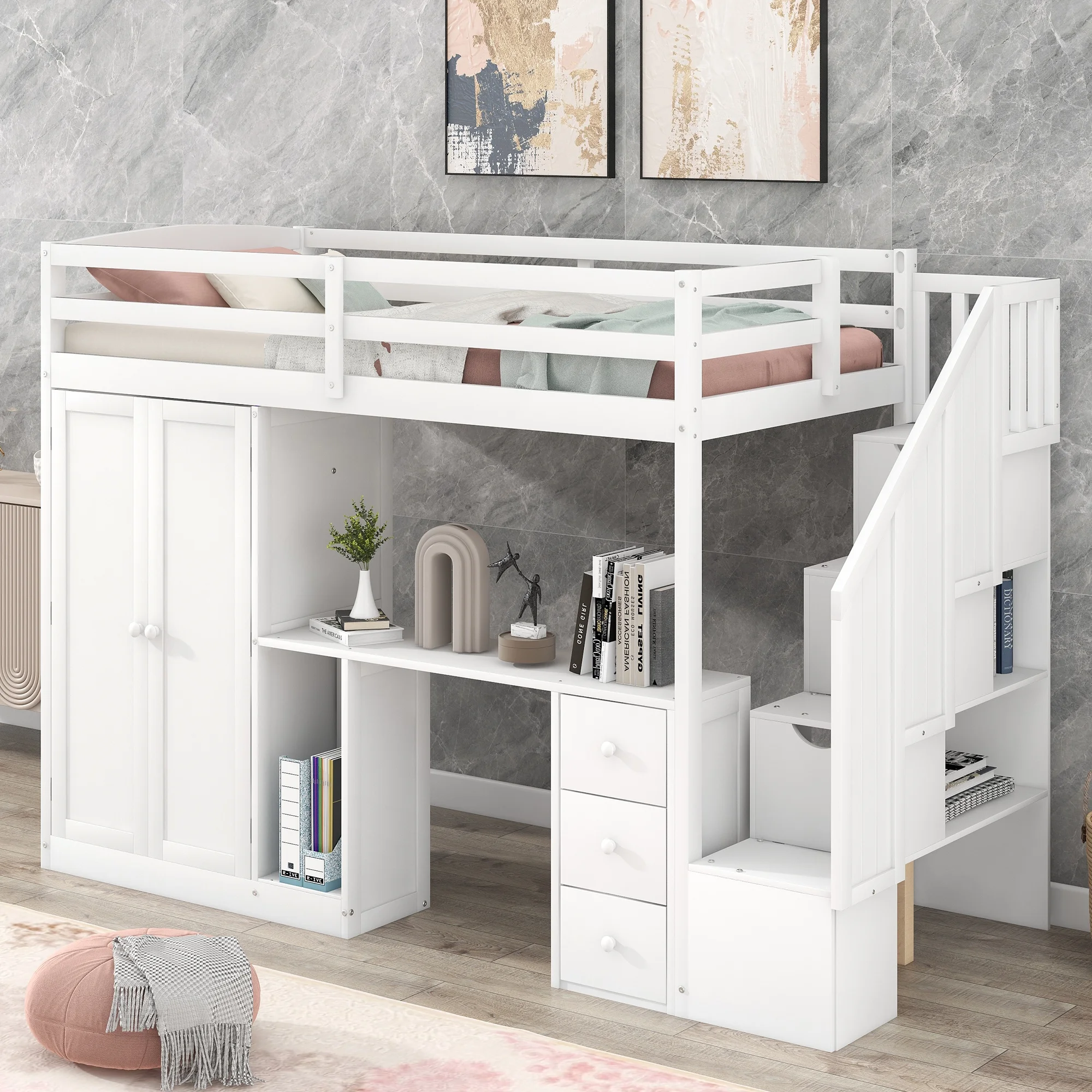 Dawn Whisper Twin Size Loft Bed with Wardrobe and Staircase, Desk and Storage Drawers and Cabinet in 1, White