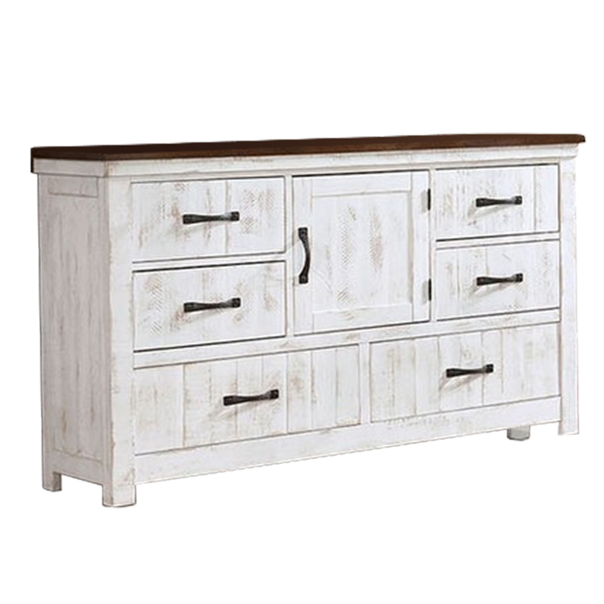 Dresser with Plank Design 6 Drawers and Contrasting Top, White and Brown