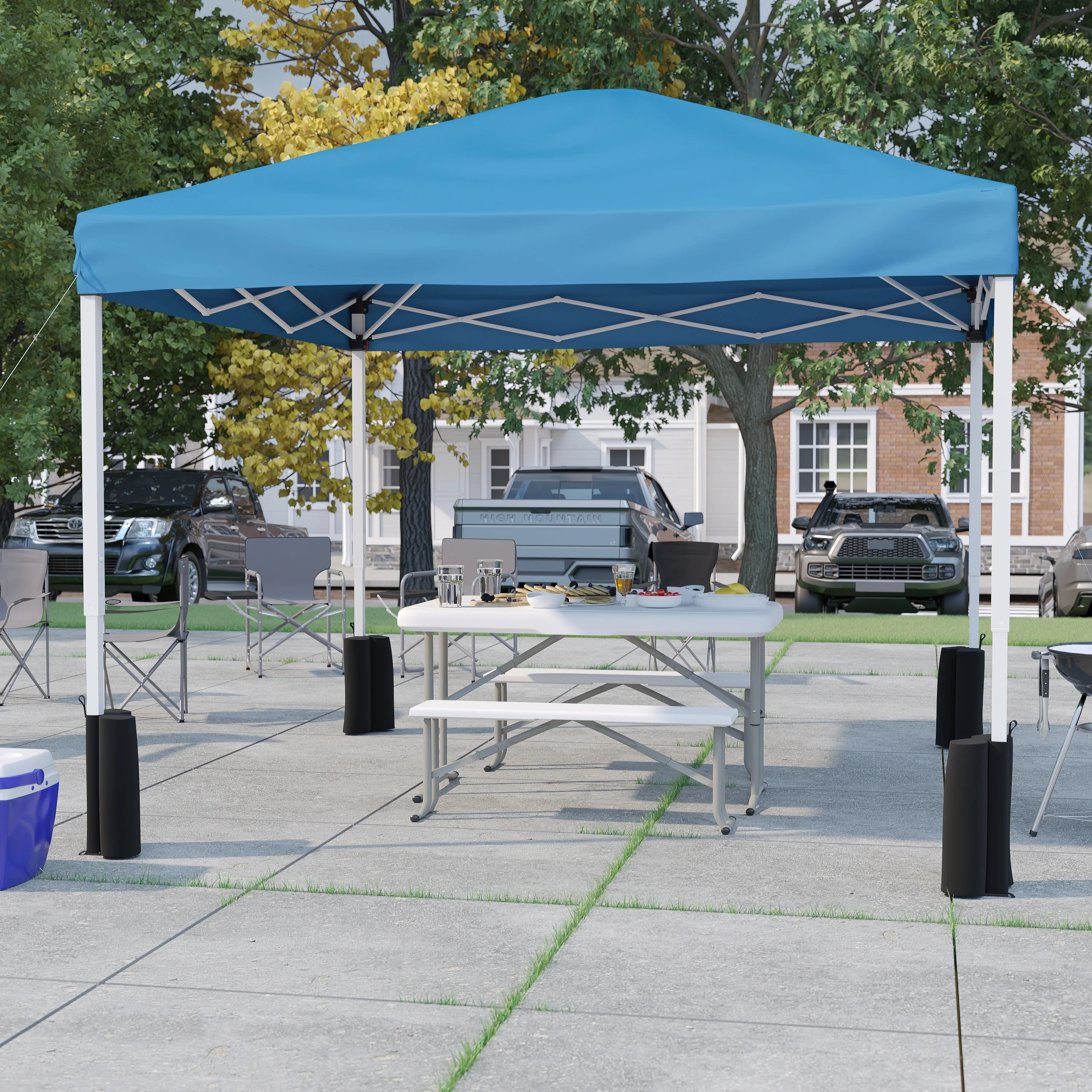 Lancaster Home 10' x 10' Pop Up Canopy - Wheeled Case - Folding Table with Benches Set White