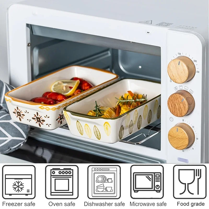 Flowers Rectangular Oval Bakeware Pan With Handle Ceramic Baking Dish Roasting Lasagna Pan Kitchen Salad Cheese Baked Pan B rectangle