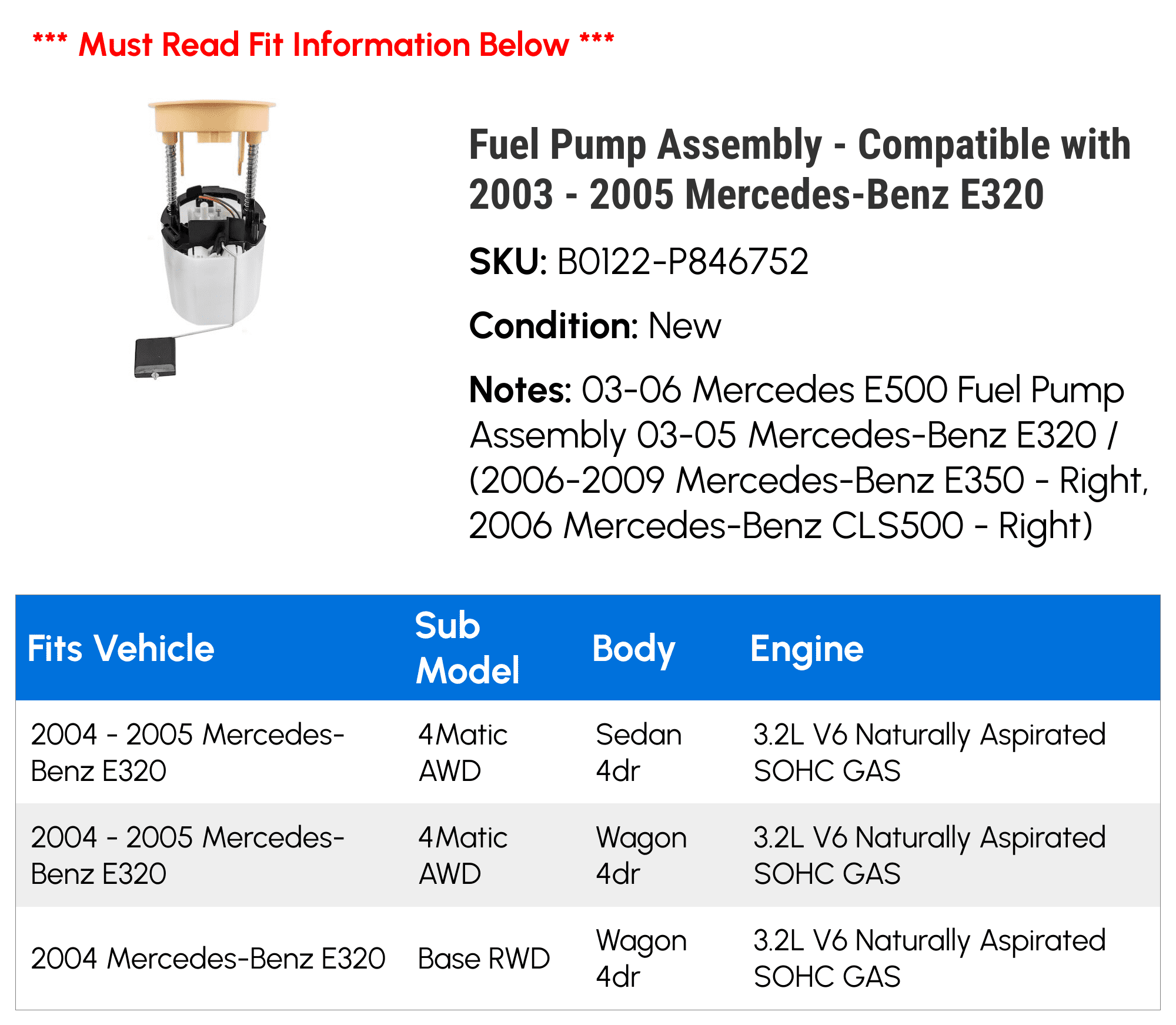 Fuel Pump Assembly - Compatible with 2003 - 2005 Mercedes-Benz E320 2004