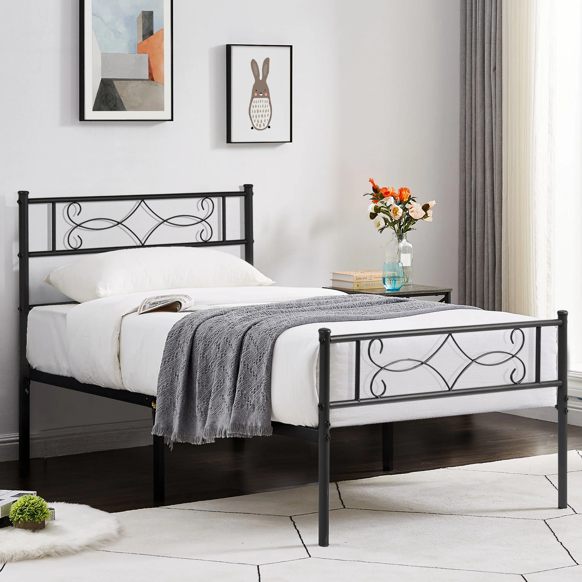 VECELO Twin Size Metal Platform Bed Frame with Headboard, No Box Spring Needed, Easy Assembly, Black