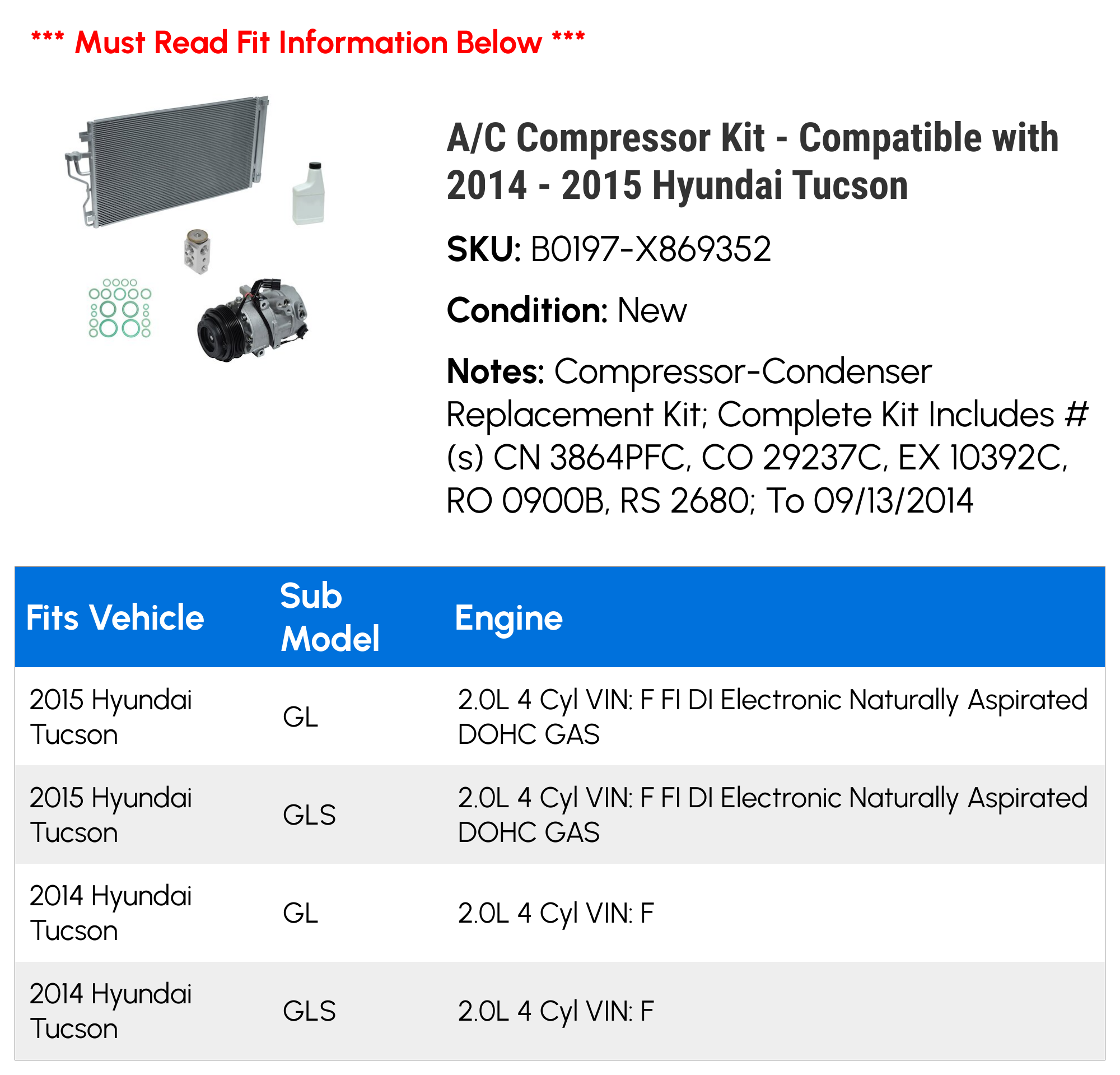A/C Compressor Kit - Compatible with 2014 - 2015 Hyundai Tucson