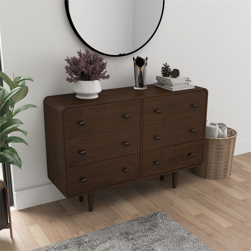 Pemberly Row Mid-Century 6-Drawer Double-Dresser Solid Wood in Brown