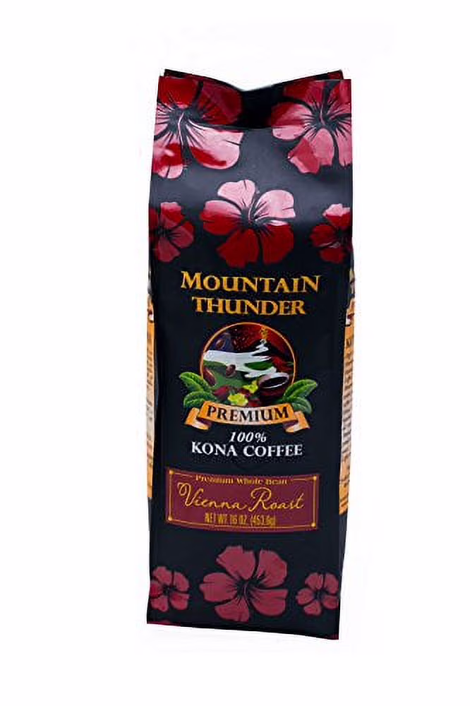 100% Kona Premium Coffee - 1 Pound Premium Gourmet Vienna Roast Whole Bean by Mountain Thunder Coffee Plantation