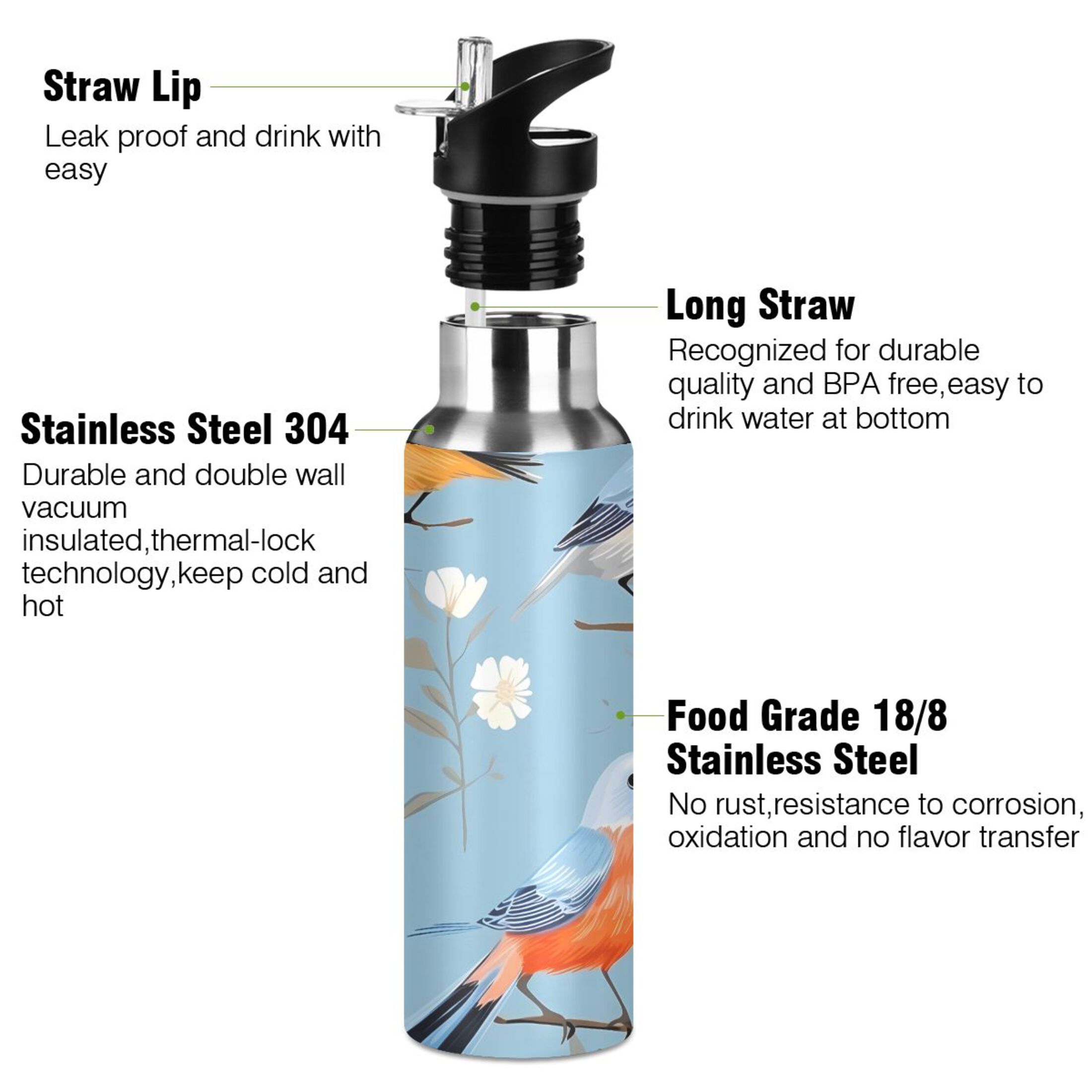 Floral and Birds Water Bottles Insulated Thermos Kids Stainless Steel Bottle with Straw Lid Flask Leakproof for Sports Gym 20 oz