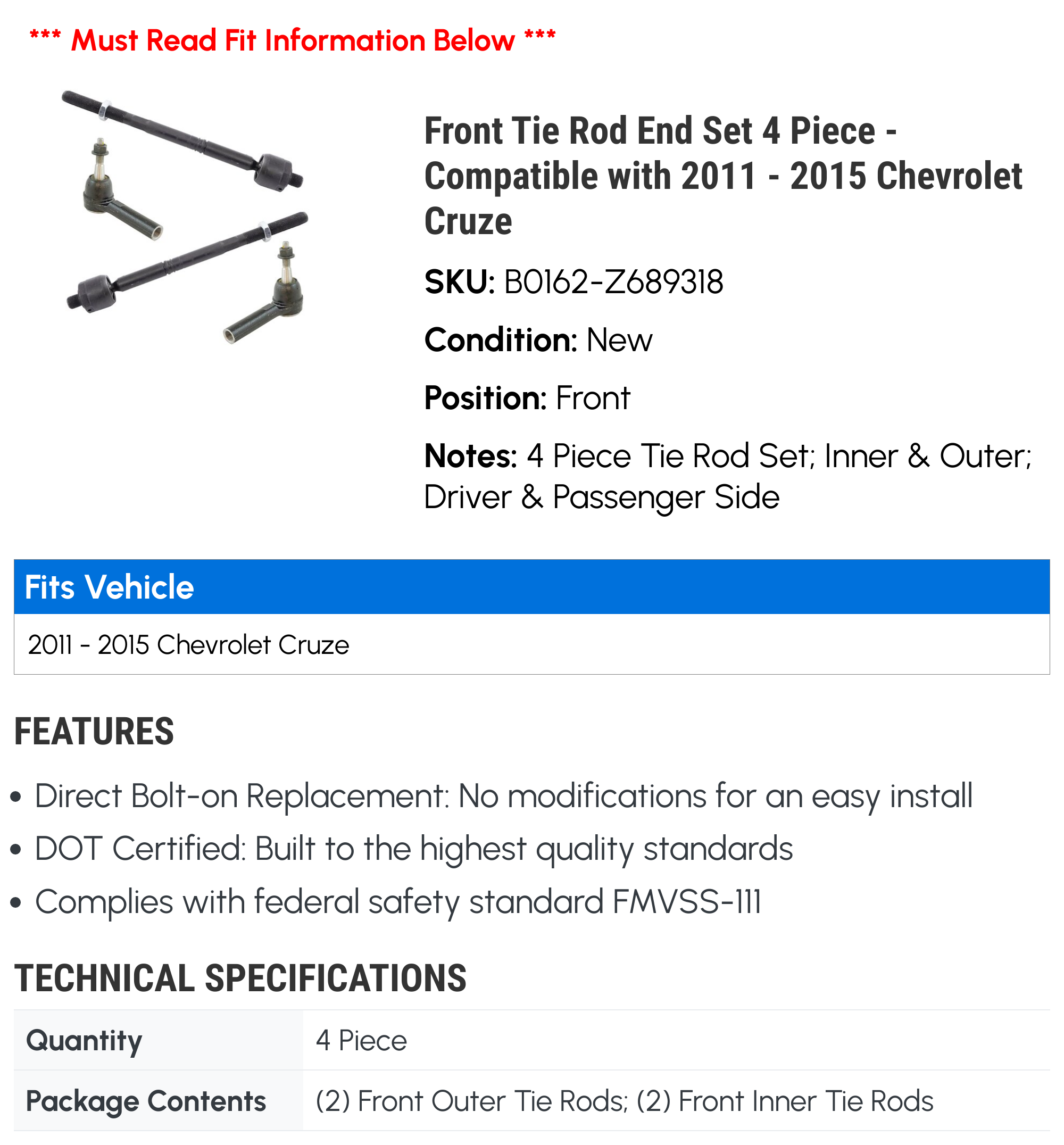 Front Tie Rod End Set 4 Piece - Compatible with 2011 - 2015 Chevy Cruze 2012 2013 2014