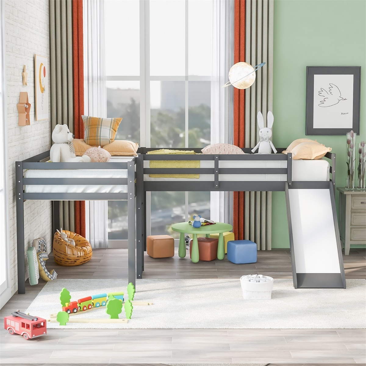 MERAX  L-Shaped Twin Size Wood Loft Bed with Ladder and Slide Grey