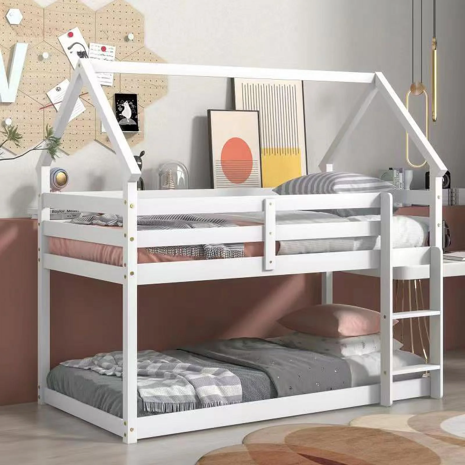 Wooden Bunk Bed with Roof for Toddlers, Twin Size House Beds with Fence for Kids, Wood Loft Bed Frame Bedroom Furniture for Girls Boys (White)