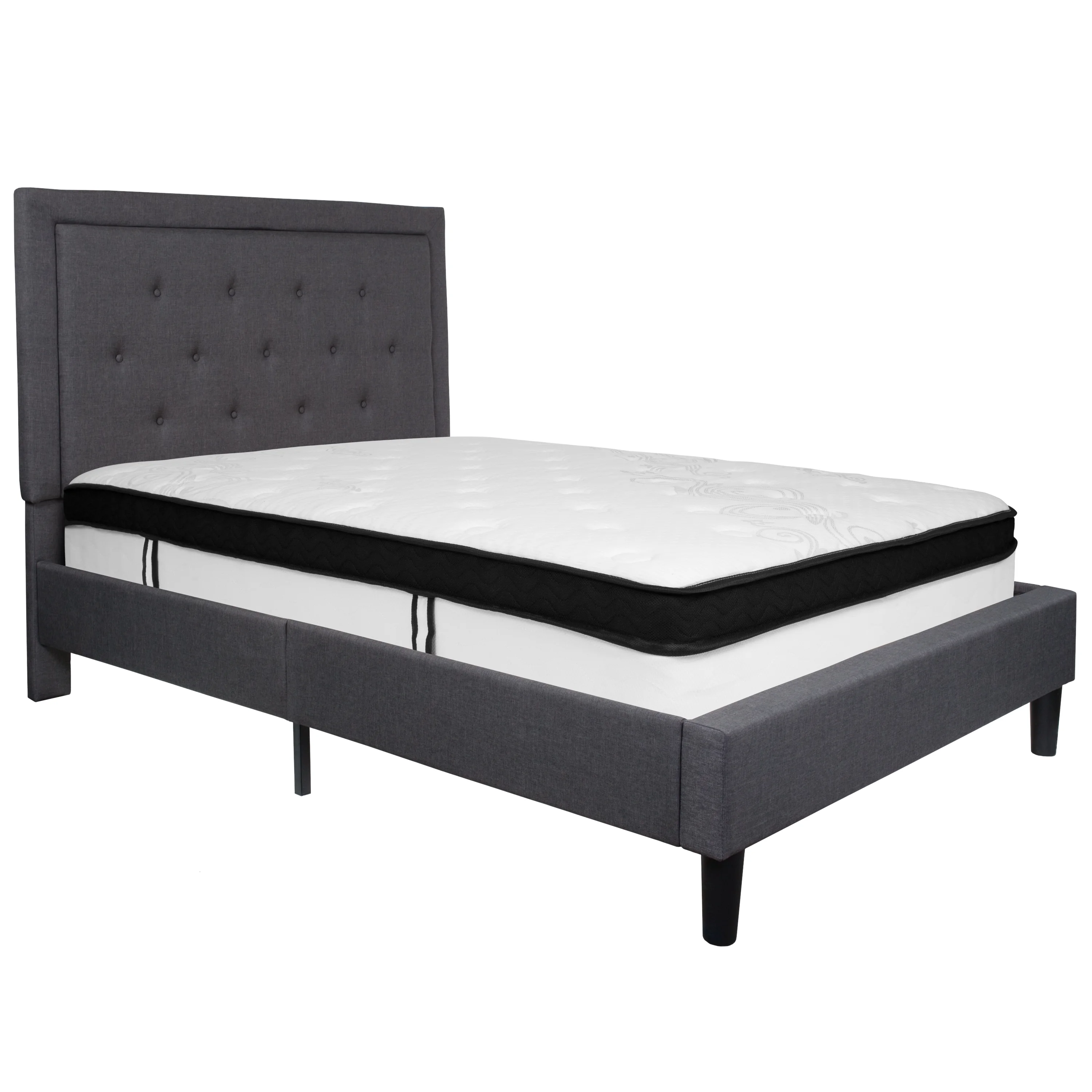 BizChair Full Size Panel Tufted Upholstered Platform Bed in Dark Gray Fabric with Memory Foam Mattress