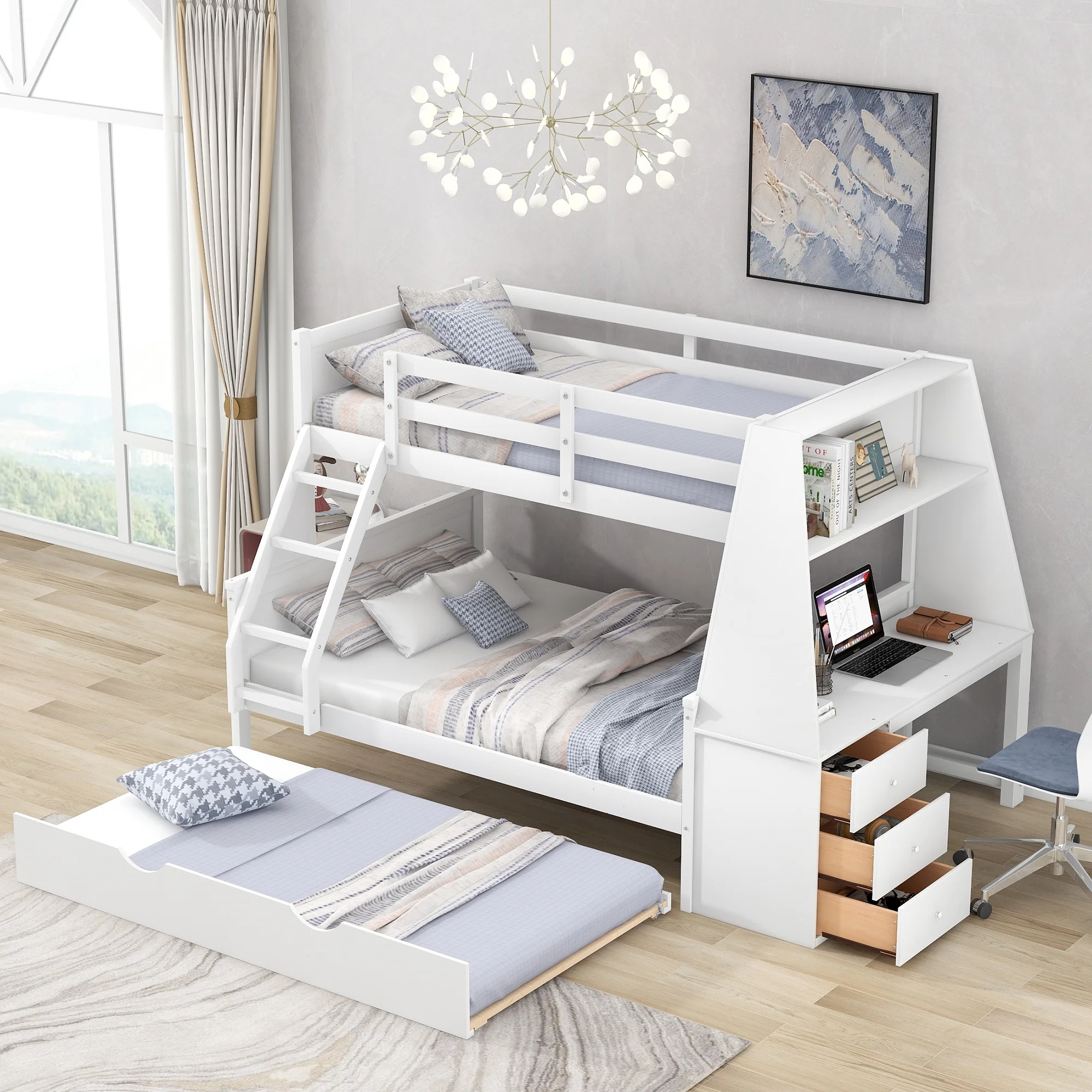 CoSoTower Twin Over Full Bunk Bed With Trundle And Built-In Desk, Three Storage Drawers And Shelf, White