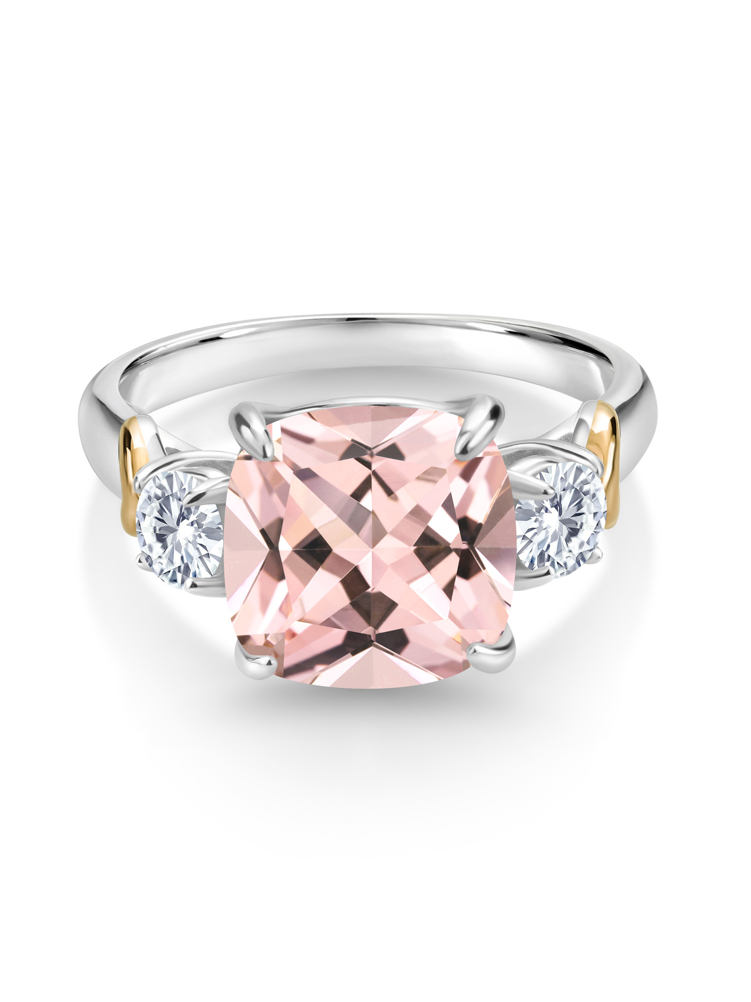 925 Silver and 10K Yellow Gold Peach Nano Morganite and Moissanite from Charles & Colvard 3 Stone Ring For Women (4.78 Cttw, Gemstone Birthstone, Cushion 10MM, Available In Size 5, 6, 7, 8, 9)