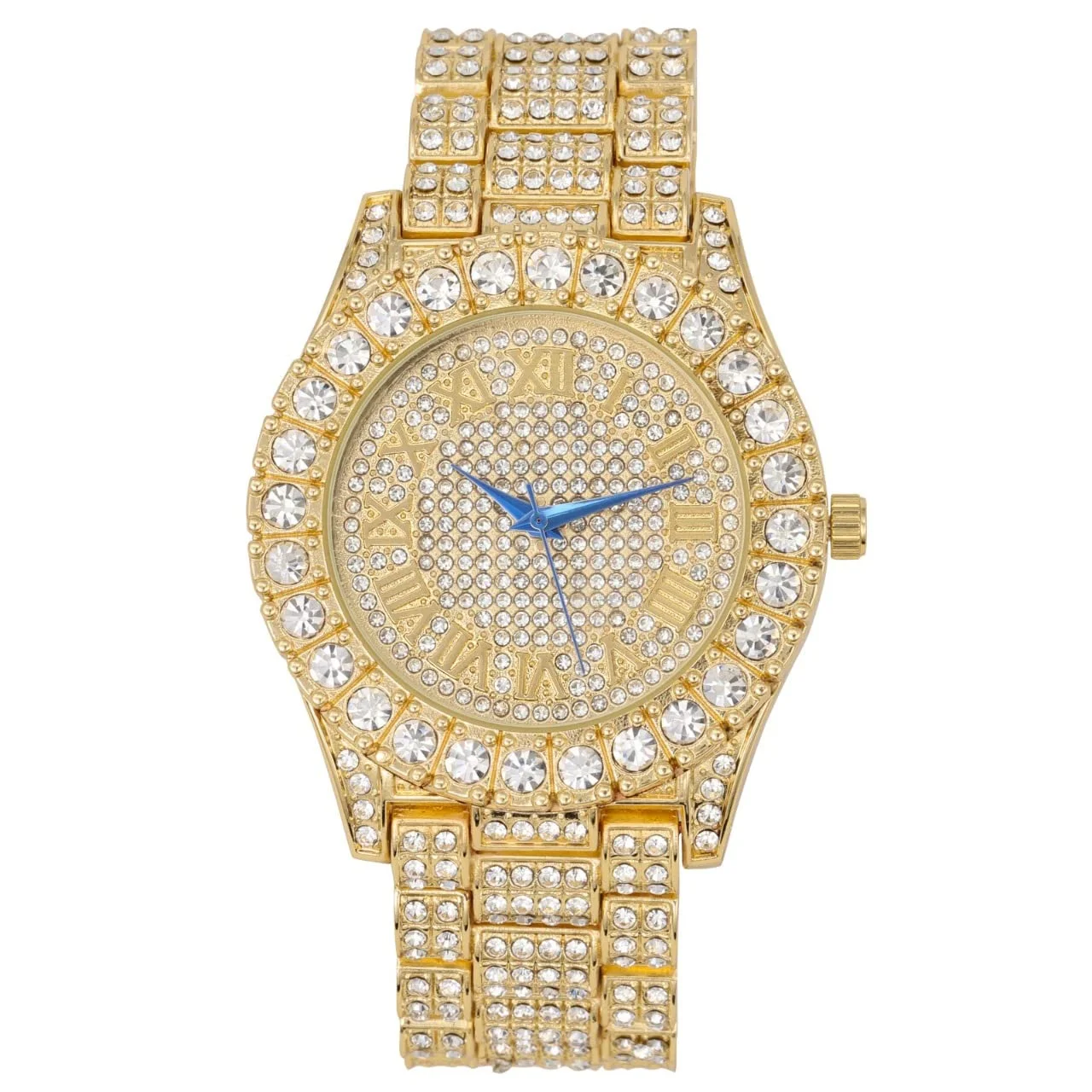 Charles Raymond Mens Big Rocks Bezel - Dial with Roman Numerals Fully Iced Out Watch w/Cuban Chain Bracelet & Ring - ST10327SET3PC (8,Gold)