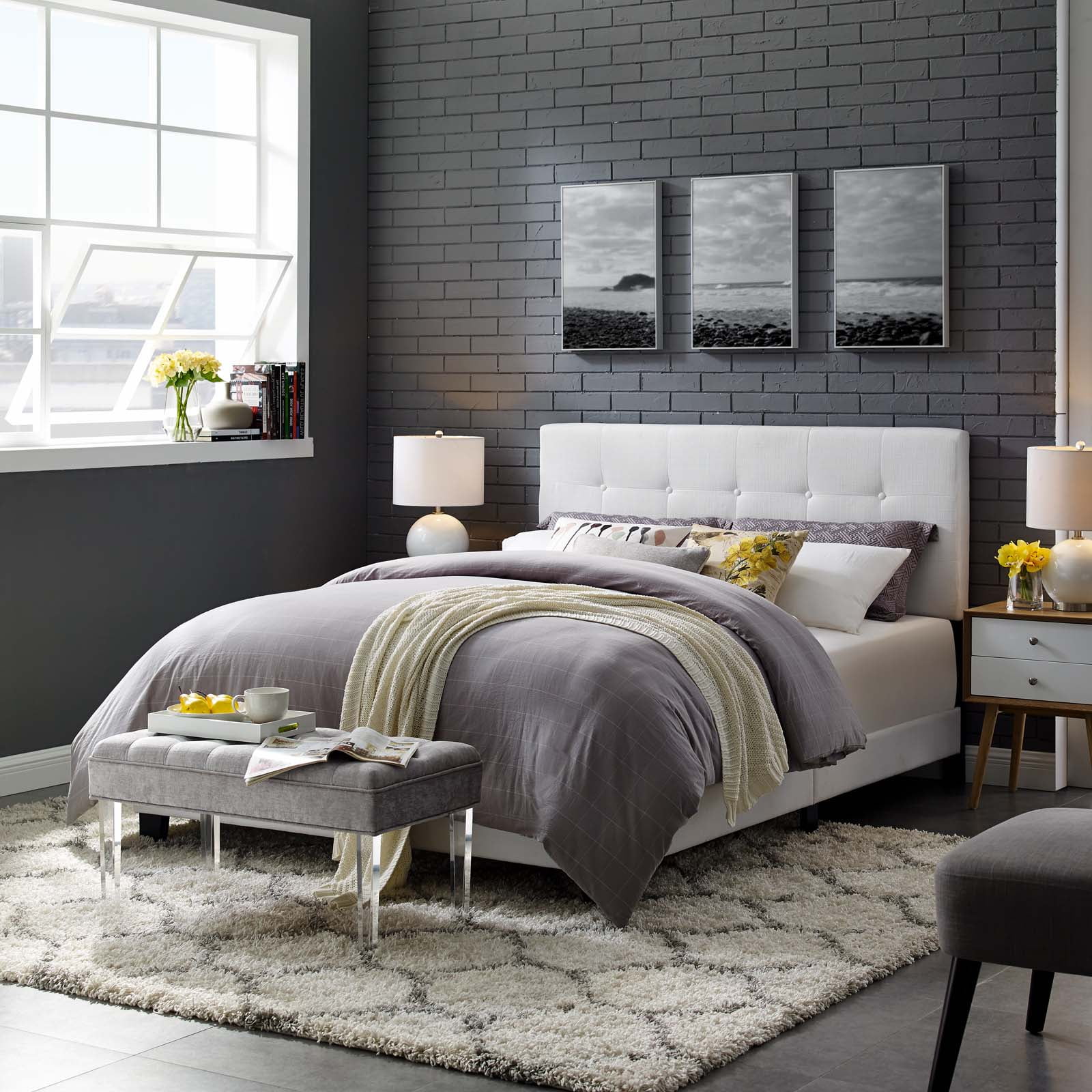 Modern Contemporary Urban Design Bedroom Queen Size Bed Frame, Fabric, White, Box Spring Required
