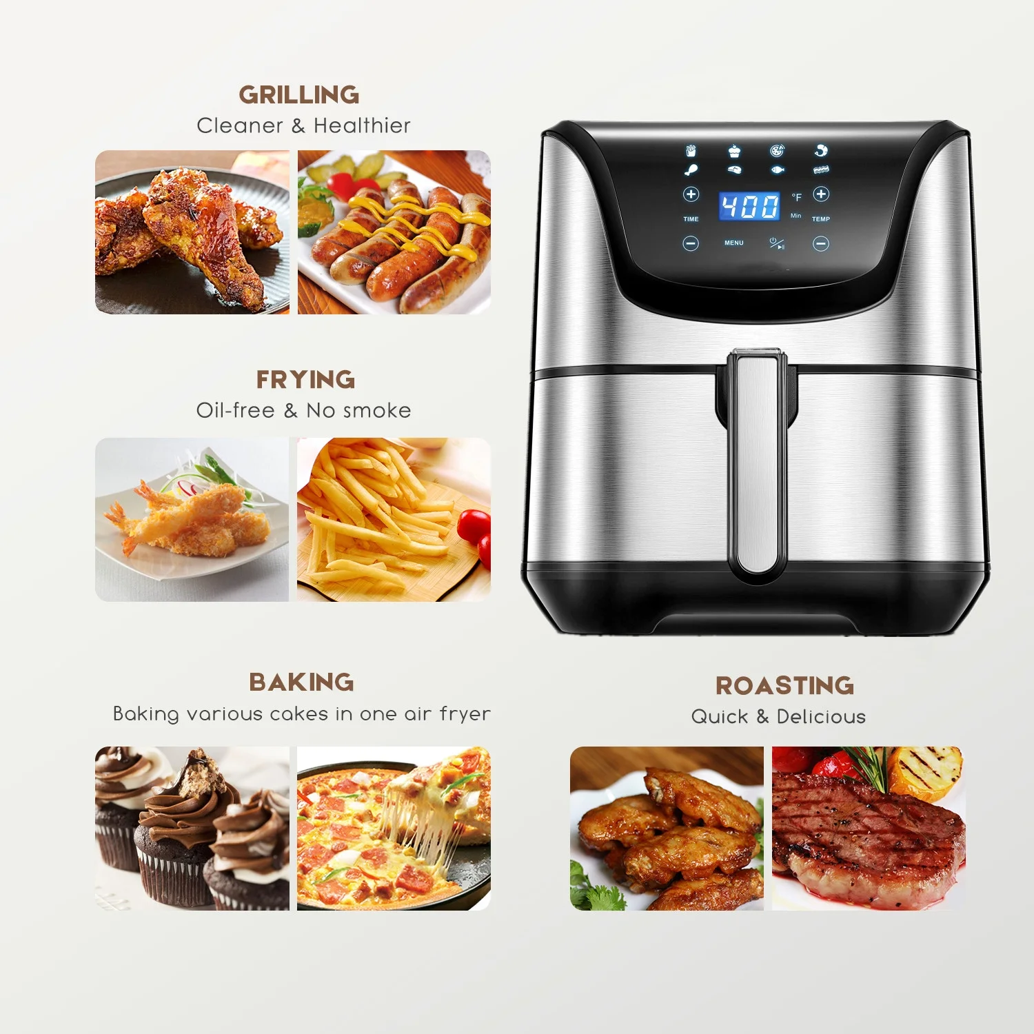 AICOOK 1700-Watt 5.8-Quart 8-in-1 Digital Air Fryer with Recipe Book, Silver