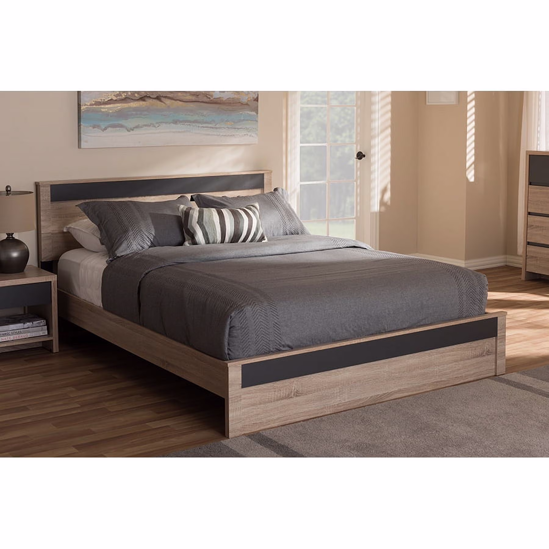 Baxton Studio Jamie Modern and Contemporary Two-Tone Oak and Grey Wood Queen Size Platform Bed