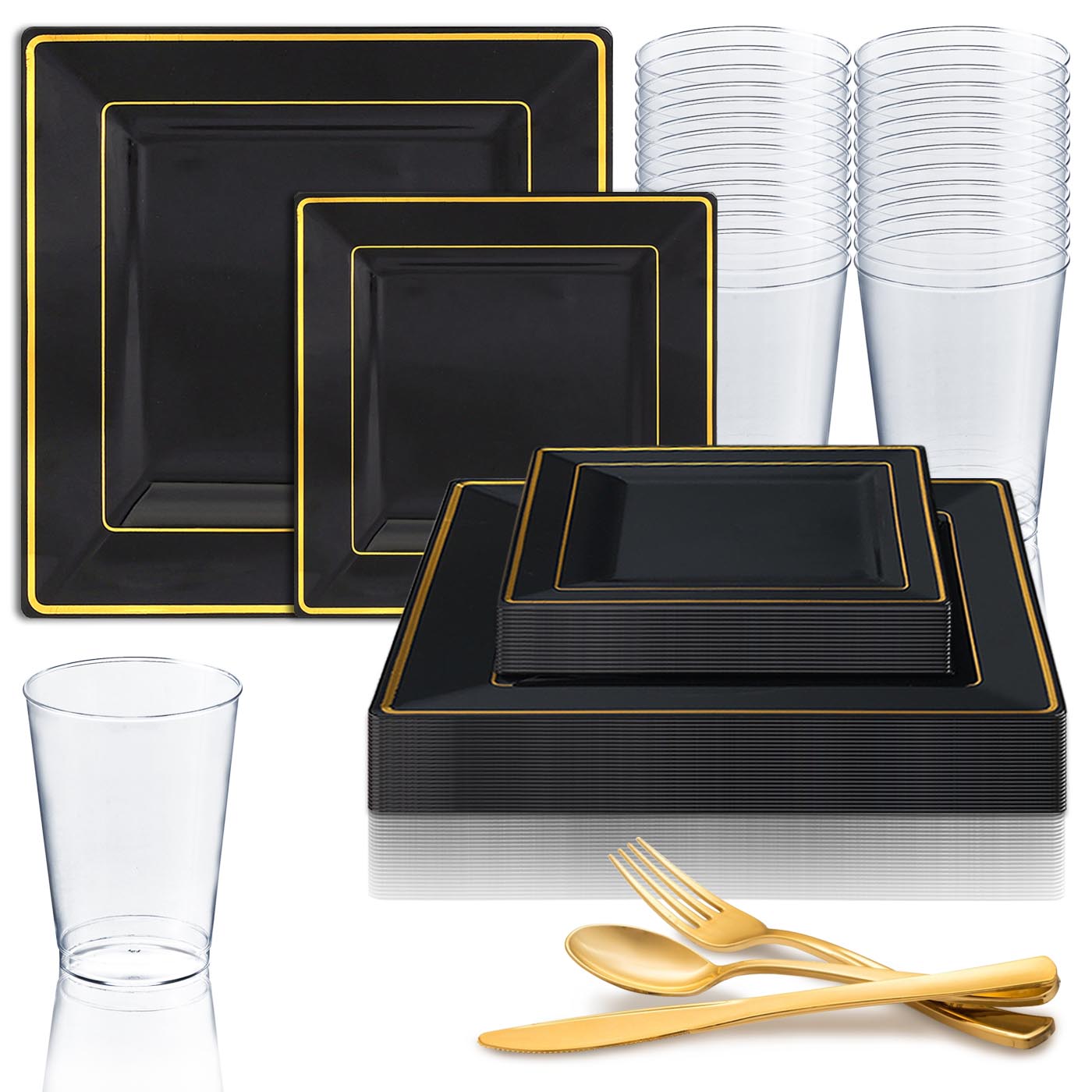 Smarty Black w/ Gold Square Edge Plastic Wedding Value Set (120 Guests)