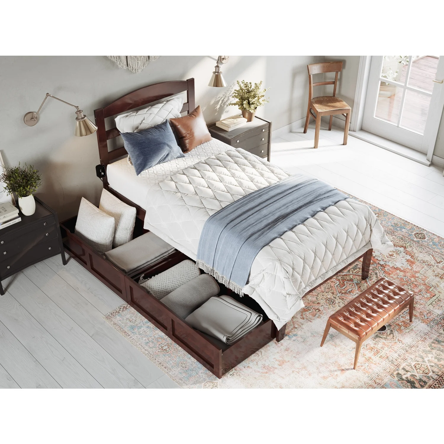 AFI Warren Solid Wood Twin Extra Long Bed w/ 2 Drawers in Walnut