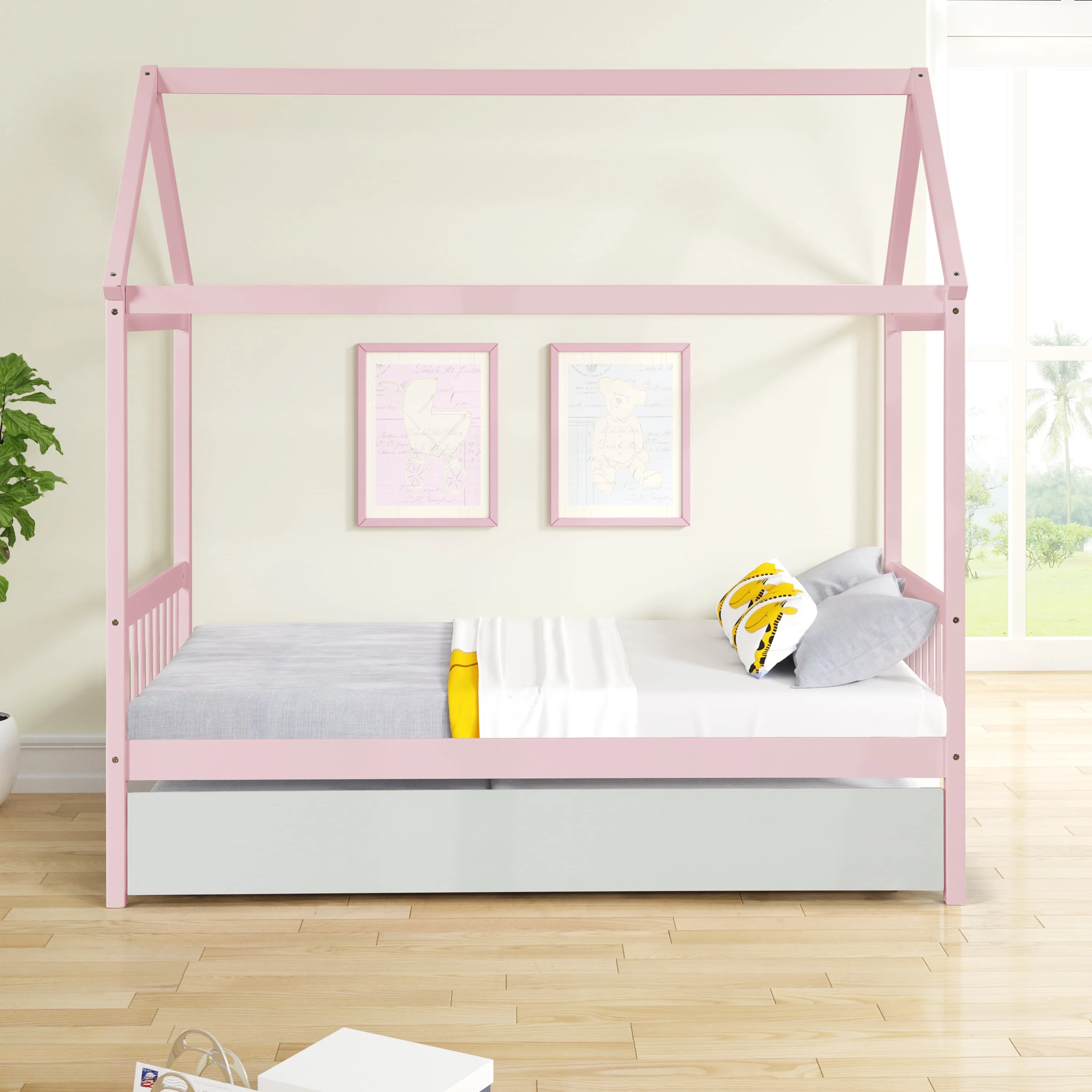 Dcenta WARM PINK TWIN HOUSE BED WITH WHITE TWIN TRUNDLE