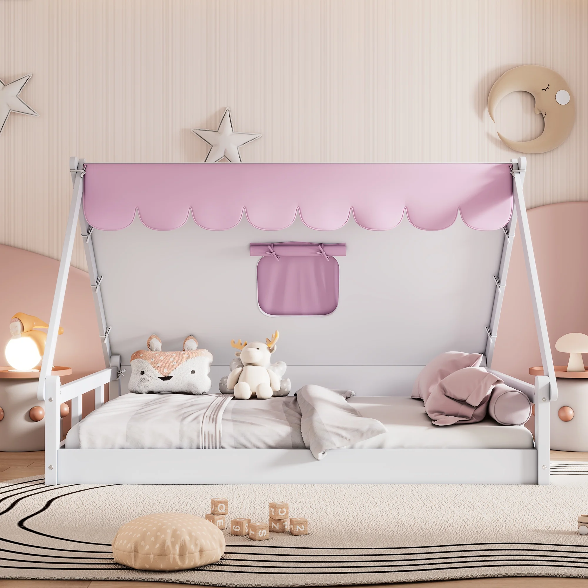 Bellemave Full Size House Floor Montessori Bed for Kids, Tent Bed with Fabric Curtain for Toddler Girls Boys Teens(White+Pink)