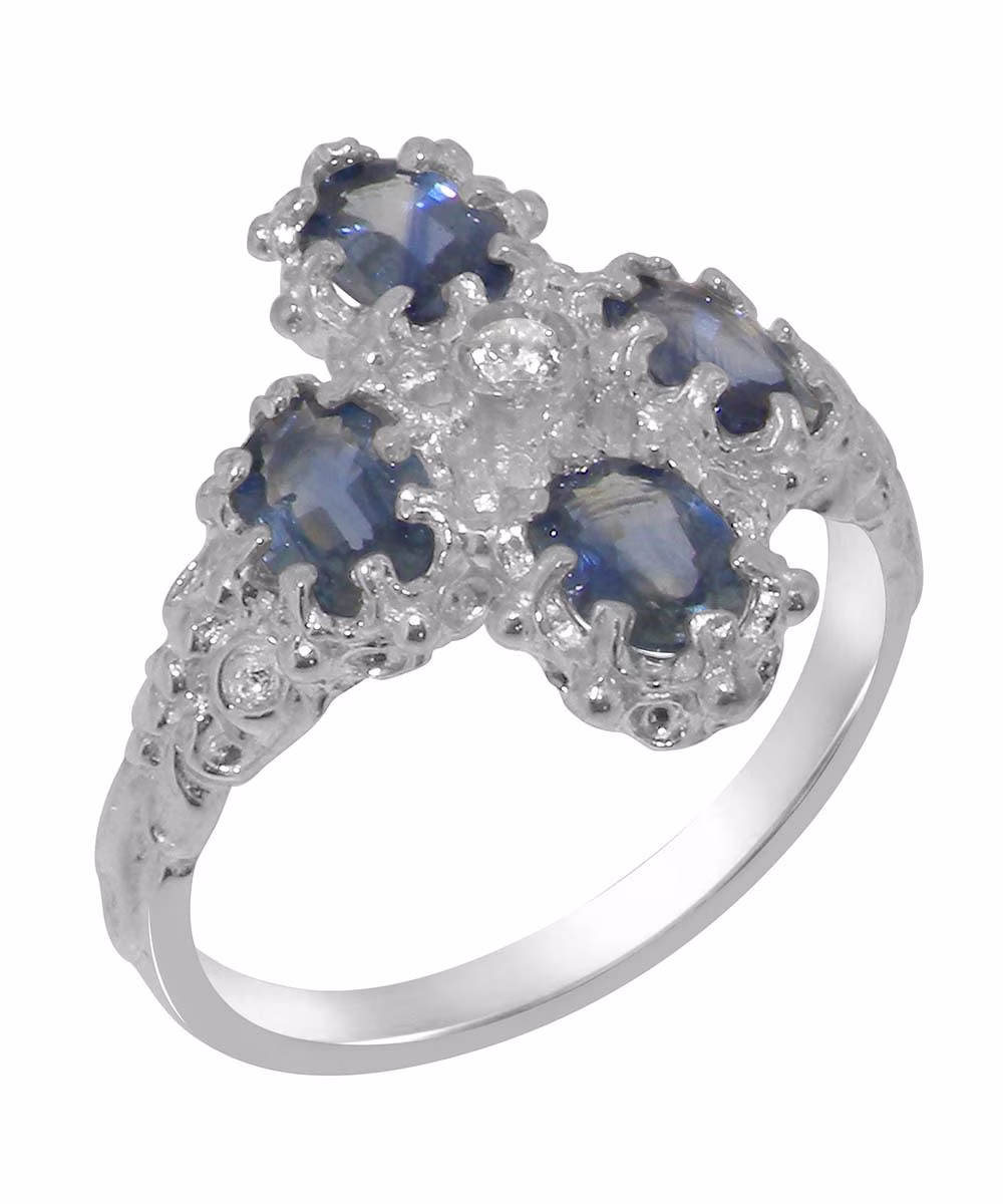 LBG British Made 18k White Gold Cubic Zirconia & Sapphire Womens Engagement Ring - 33 size options - Size 4.75