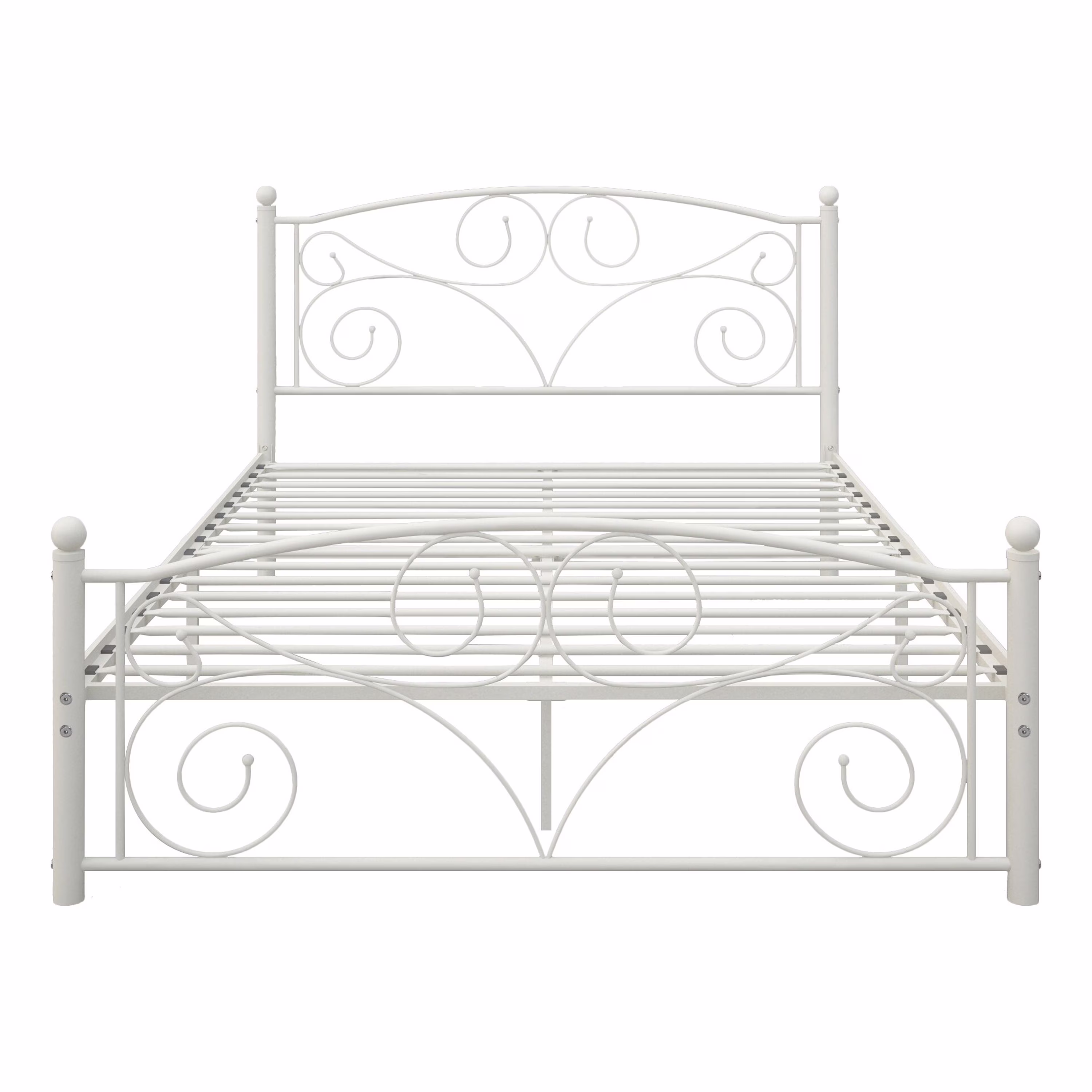 White Metal Bed Frame with Headboard and Footboard, Unique Flower Sturdy System, No Box Spring Needed, Full Size, White