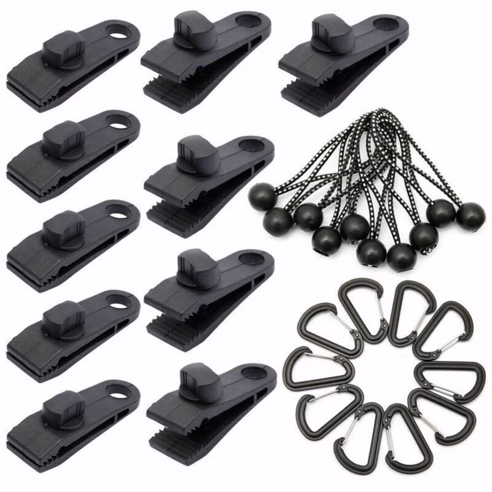 Yabuy 30pcs Tarp Clips Heavy Duty Lock Grip Tent Fasteners Clamps with Bungee Ball Cords Carabiners for Camping Tarps Awnings Caravan Canopies