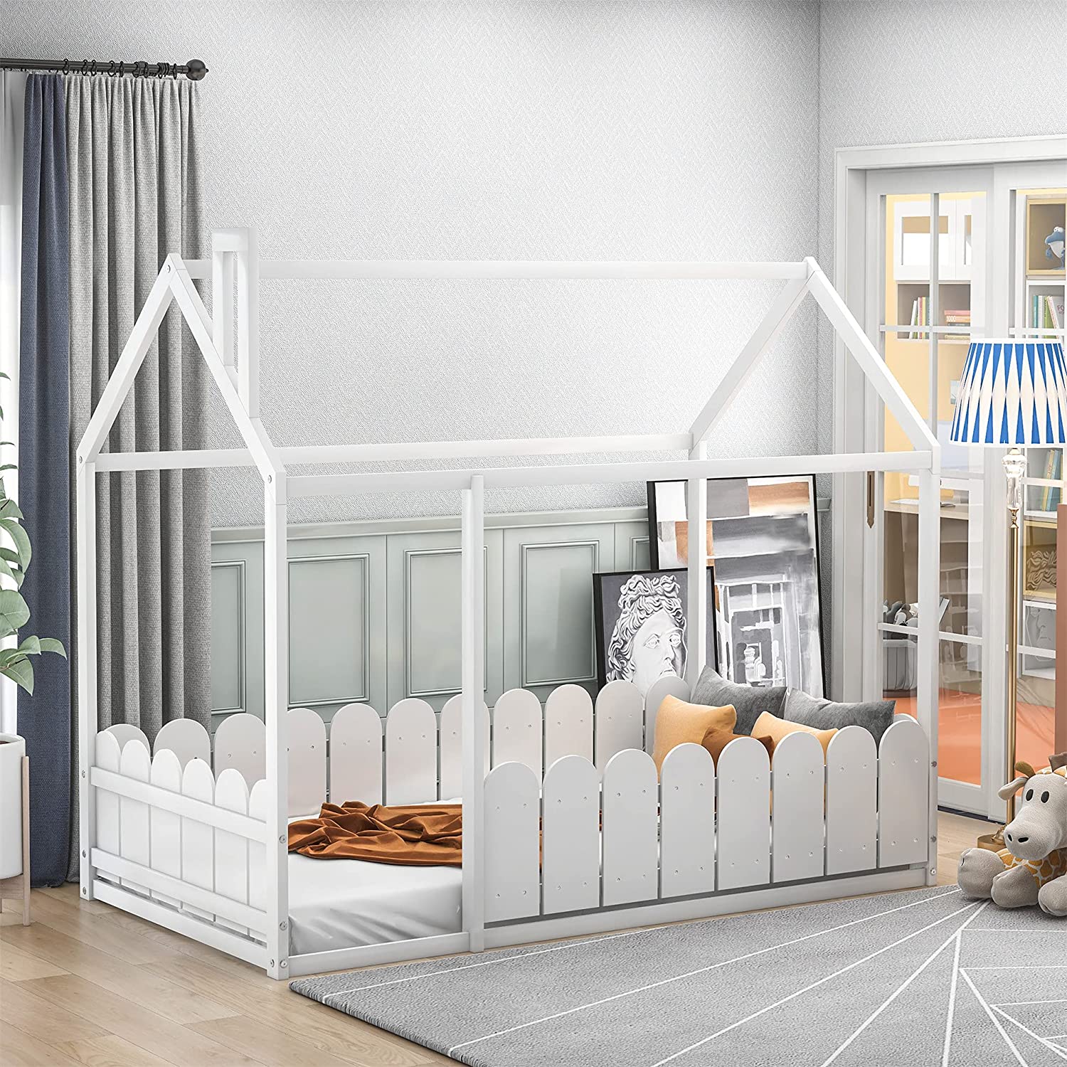 House Bed Kids Bed Frame With Roof And Fence, Box Spring Needed, For Kids, Teens, Girls, Boys (White)