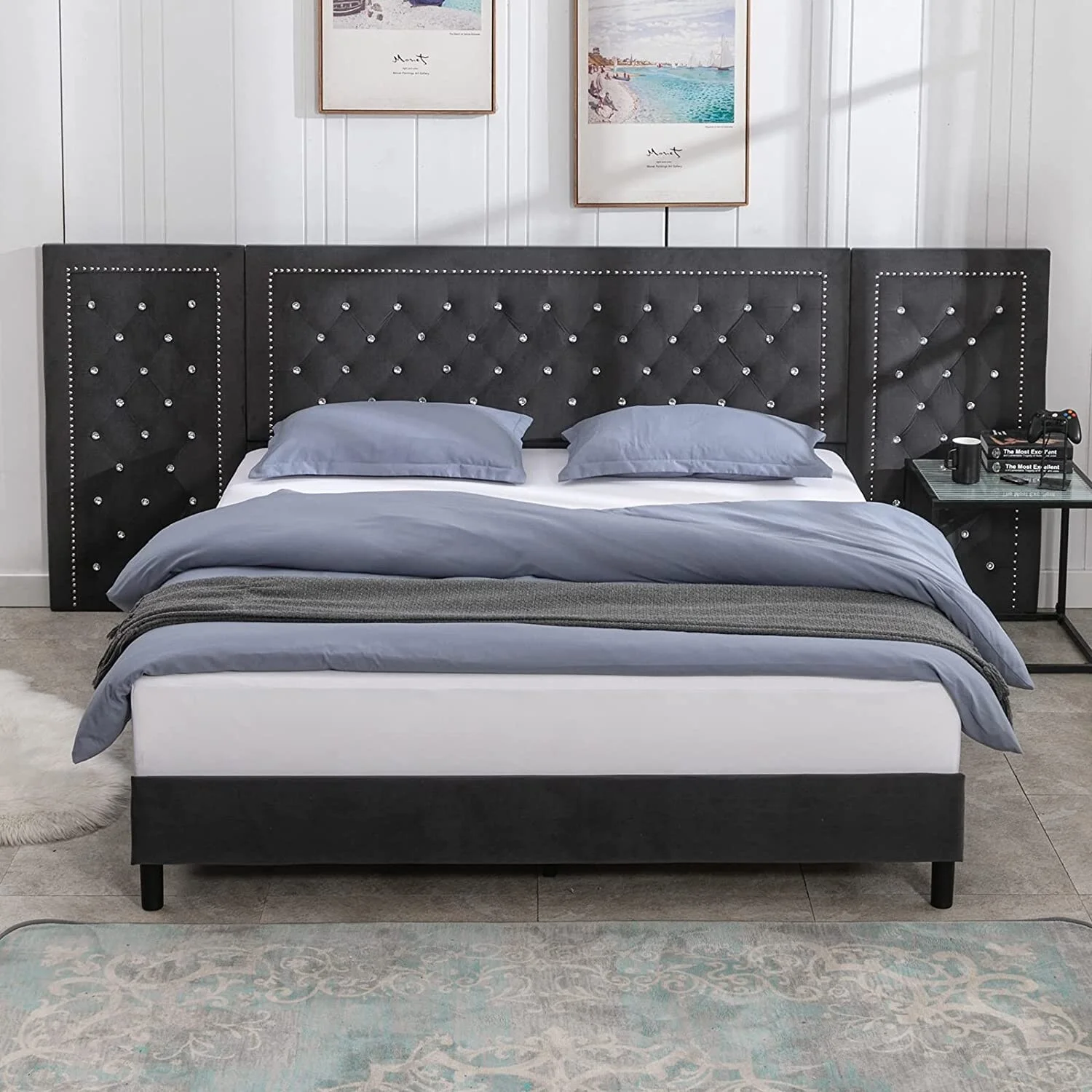 Mixoy Bed Frame with Oversized Headboard | Velvet Tufted Adjustable Height Furniture | High Upholstered Platform Bed Frame Dark Grey - Queen