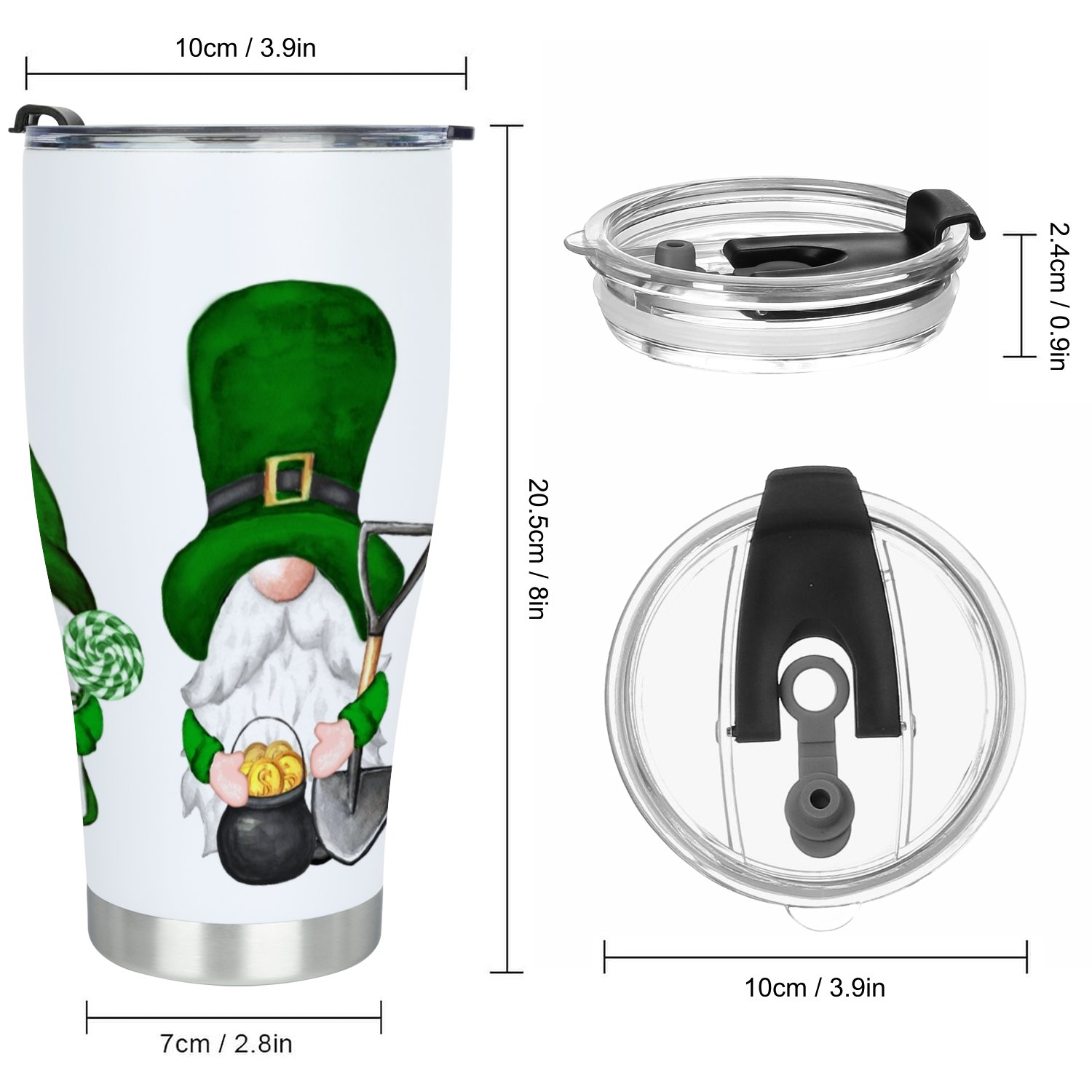 Hidove Stainless Steel Tumbler, St. Patrick's Day Watercolor Set of Gnomes 30oz Leak Proof & Stainless Steel Bottle for Hot & Cold Drinks - Coffee Travel Mug, Water Metal Canteen, Thermal Cup