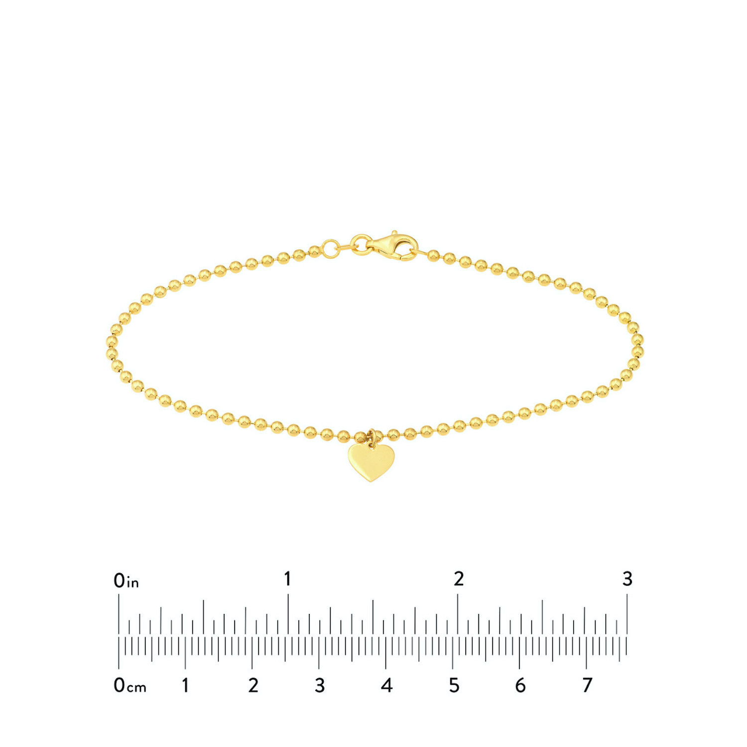 Engravable 14K Yellow Gold Personalized Ball Beaded Dangle Heart Bracelet 7.5